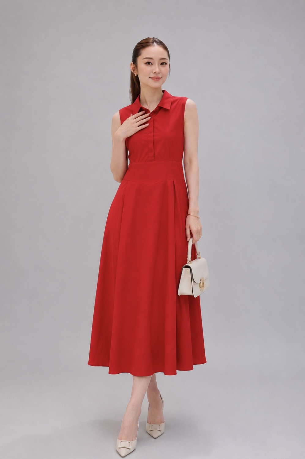 1501BD Sleeveless Collared Fit & Flare Midi Dress