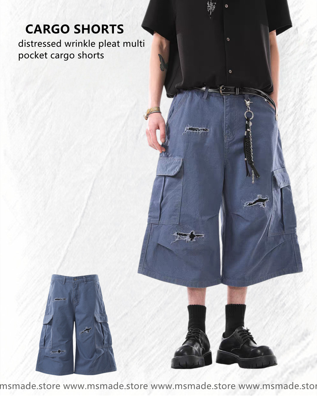 M312破洞皺褶多袋工裝短褲