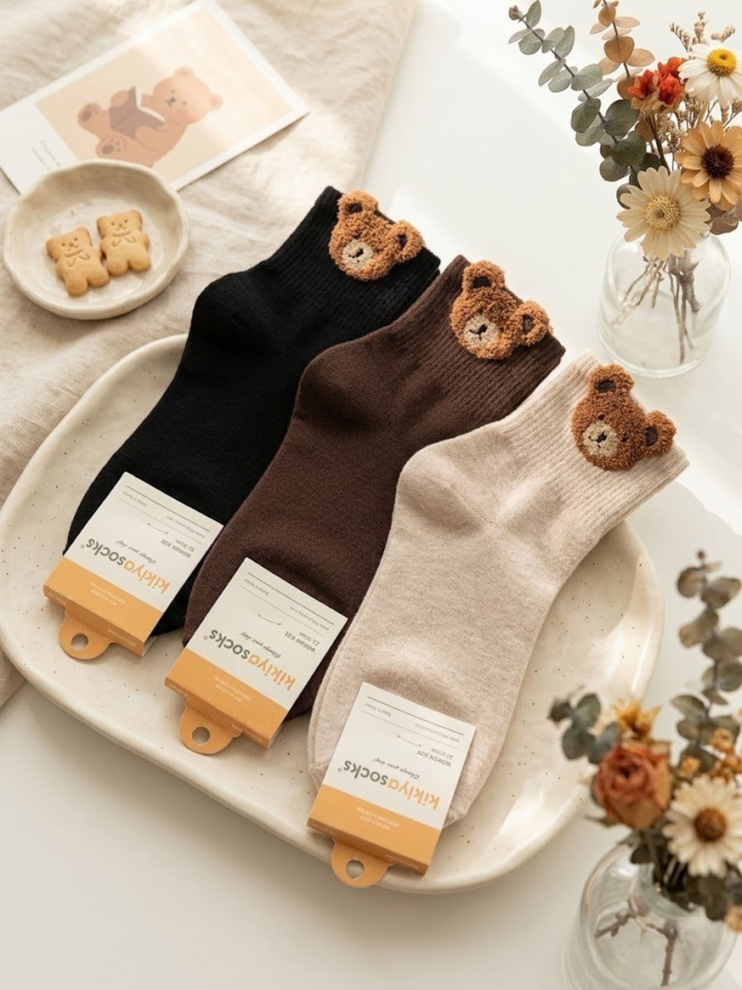 Korean Brown Bear Head Ear Calf Women Mid Crew Socks