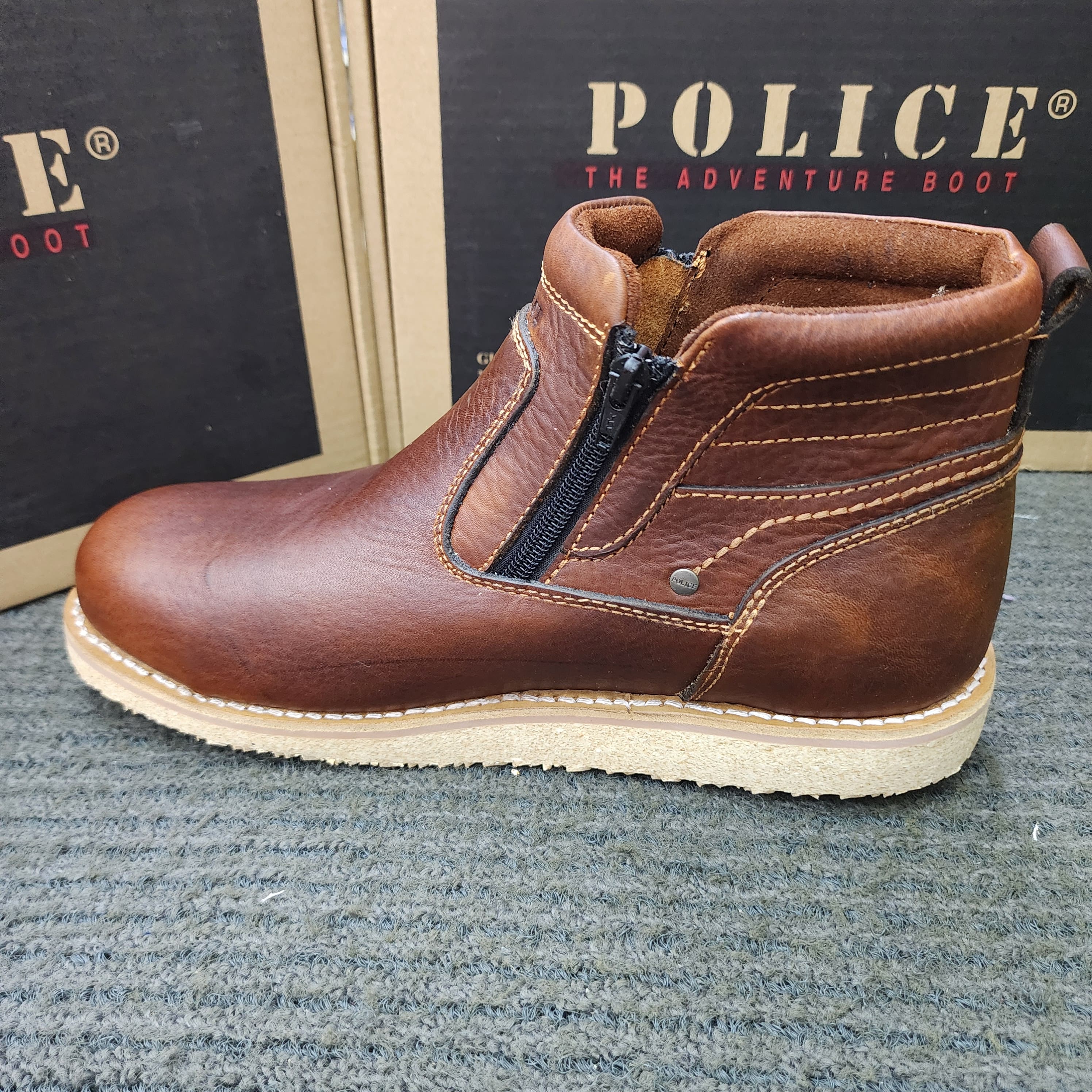 POLICE SAFETY 93597 Zip 93603 Lace Up Mid Cut Leather Safety Shoes Brown Kasut Keselamatan