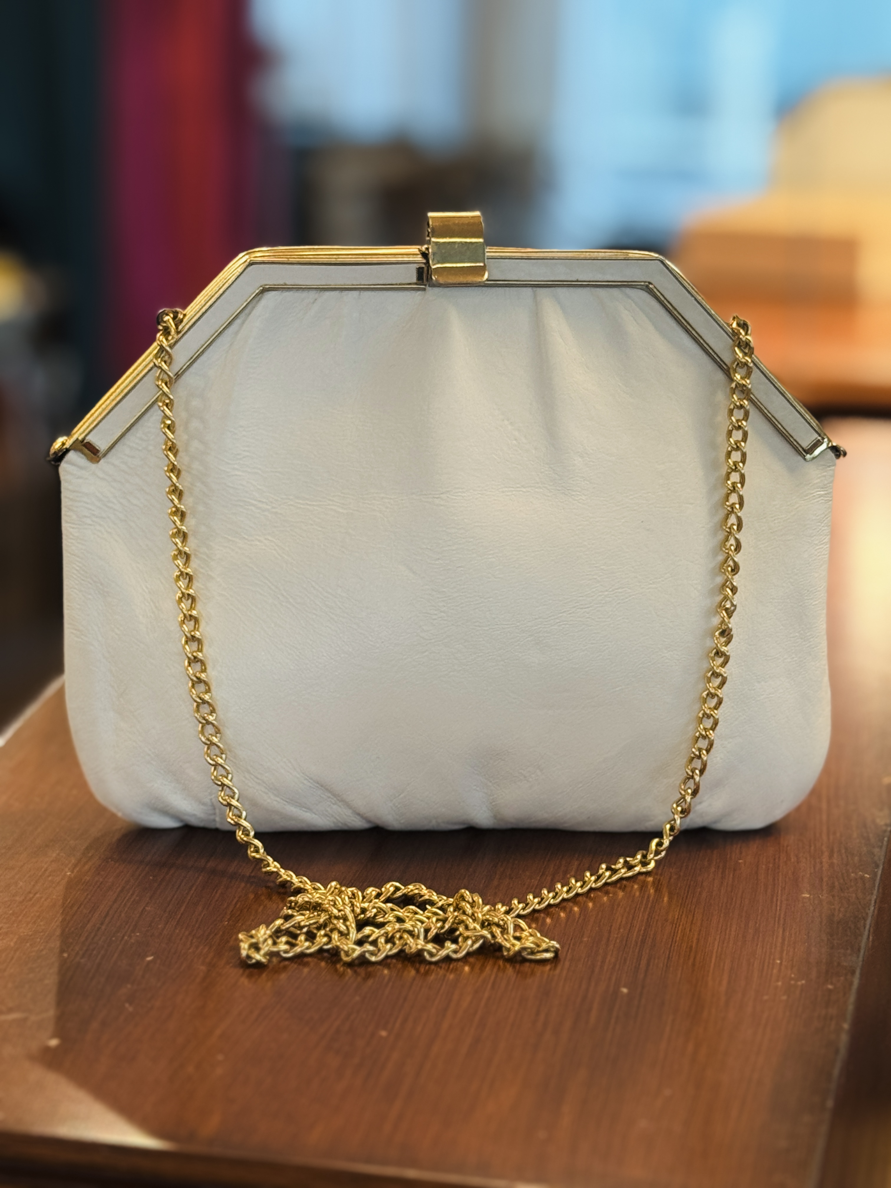 Vintage Mid-century White Genuine leather Diamond Shape Frame Two-Way Bag (MT2503)