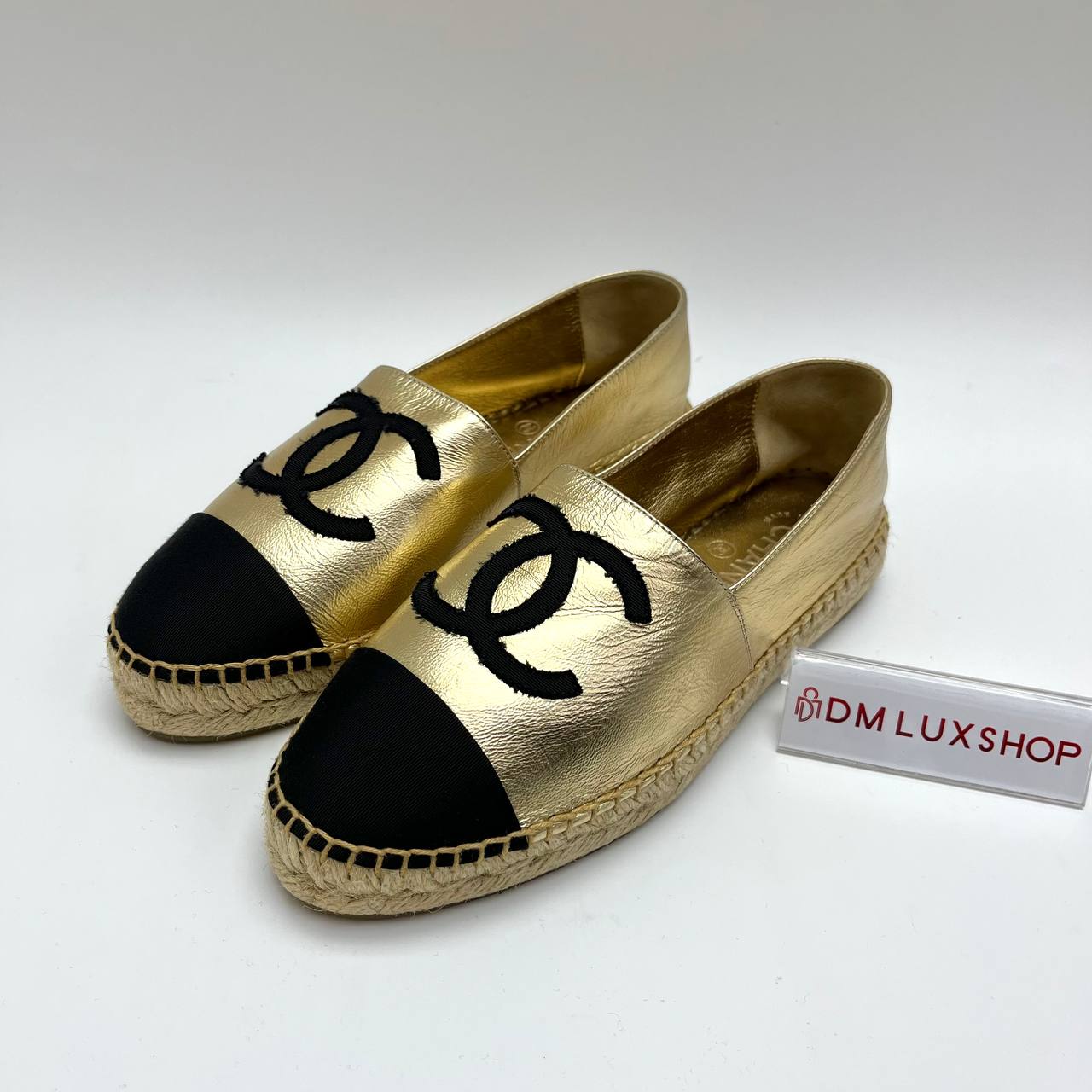 Chanel Metallic Gold Espadrilles with Black Canvas 