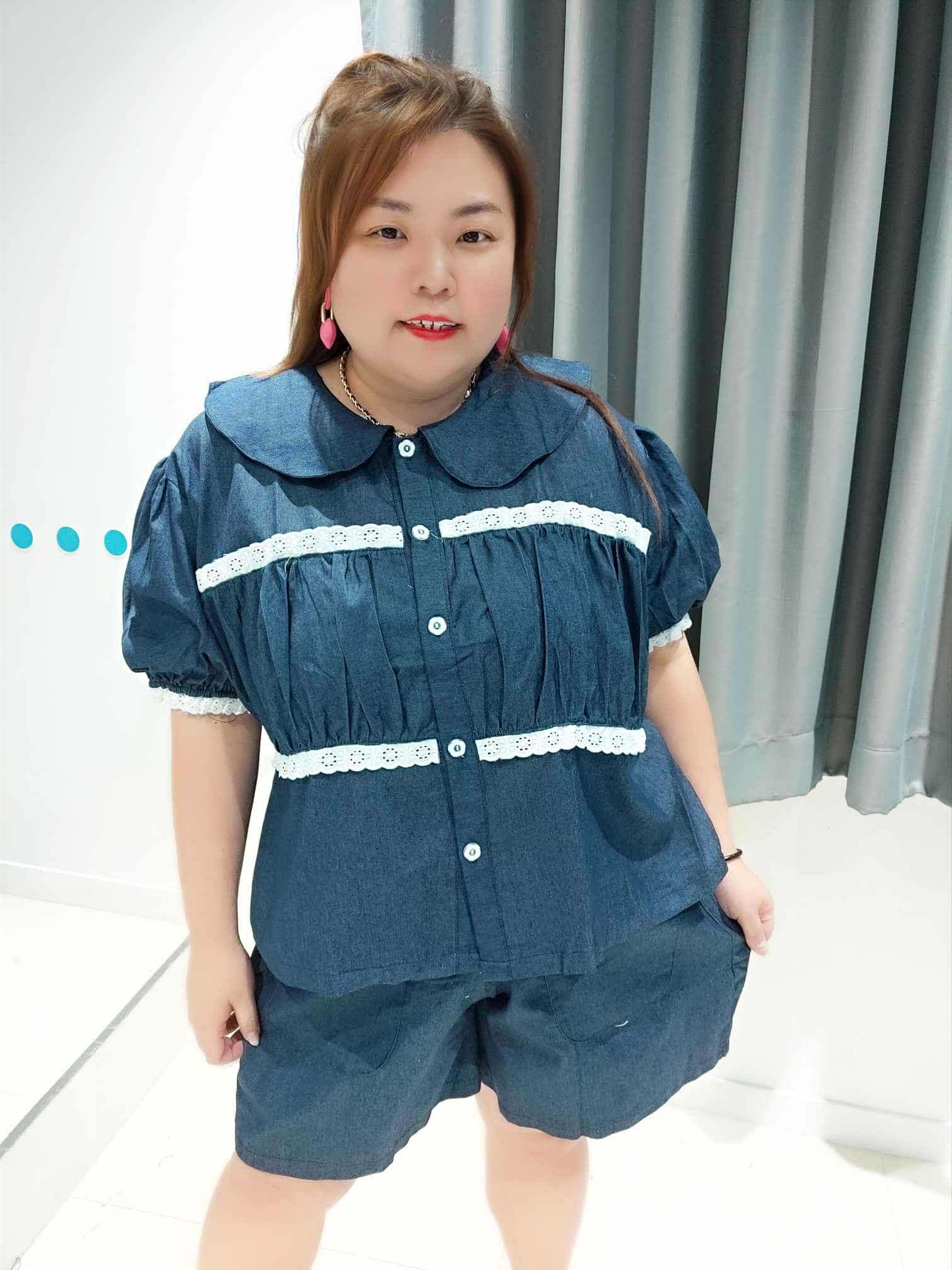 DSB11 娃娃领拼筒花设计裤子套装