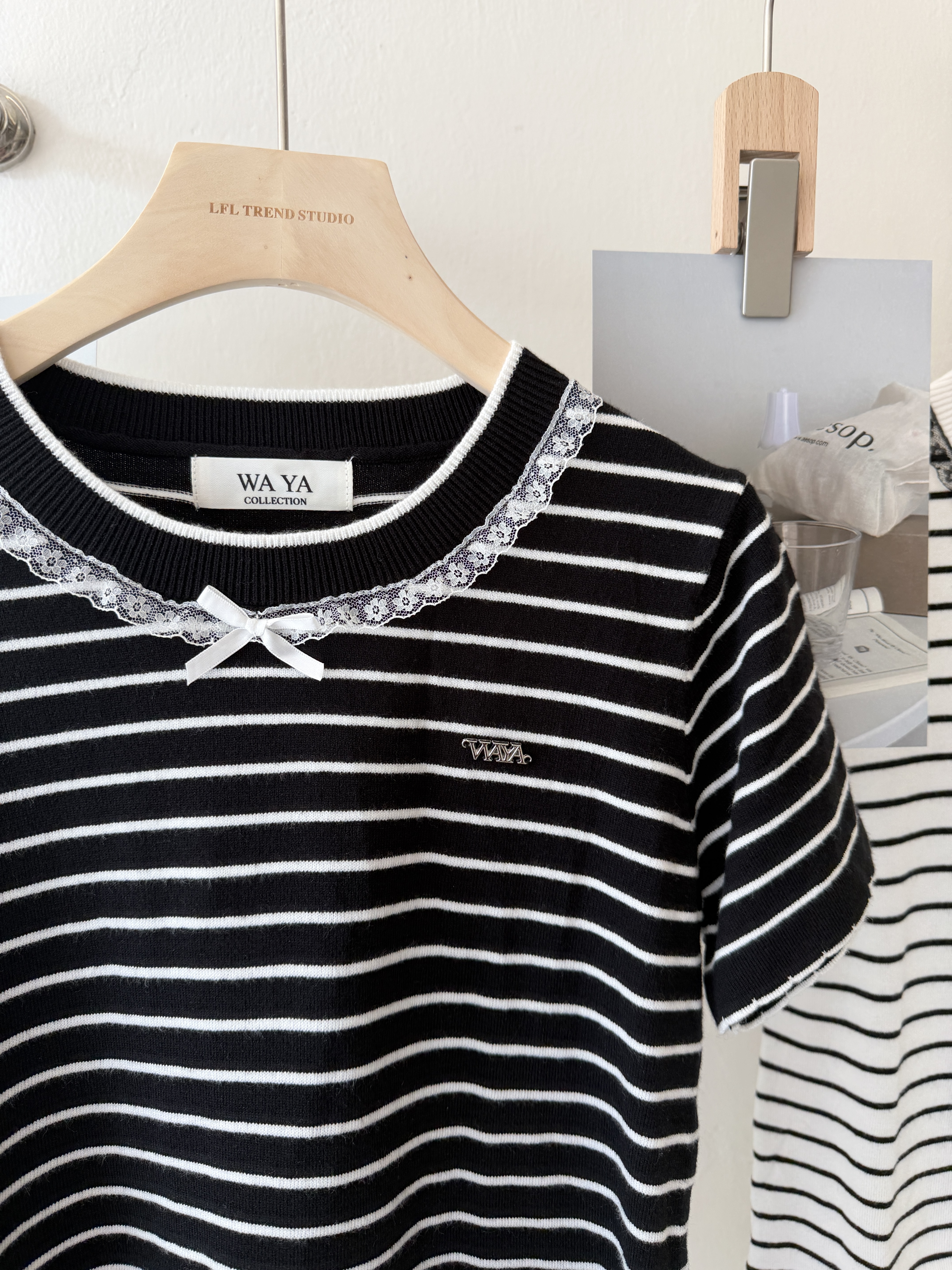 6523 纯欲蕾丝蝴蝶结条纹短袖