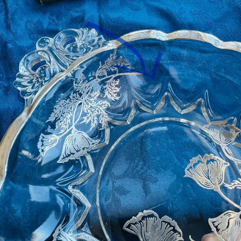 Vintage C.a. 1960s Silver Overlay Floral Pattern Glass Bowl with Scrollwork Handles (MT2013)