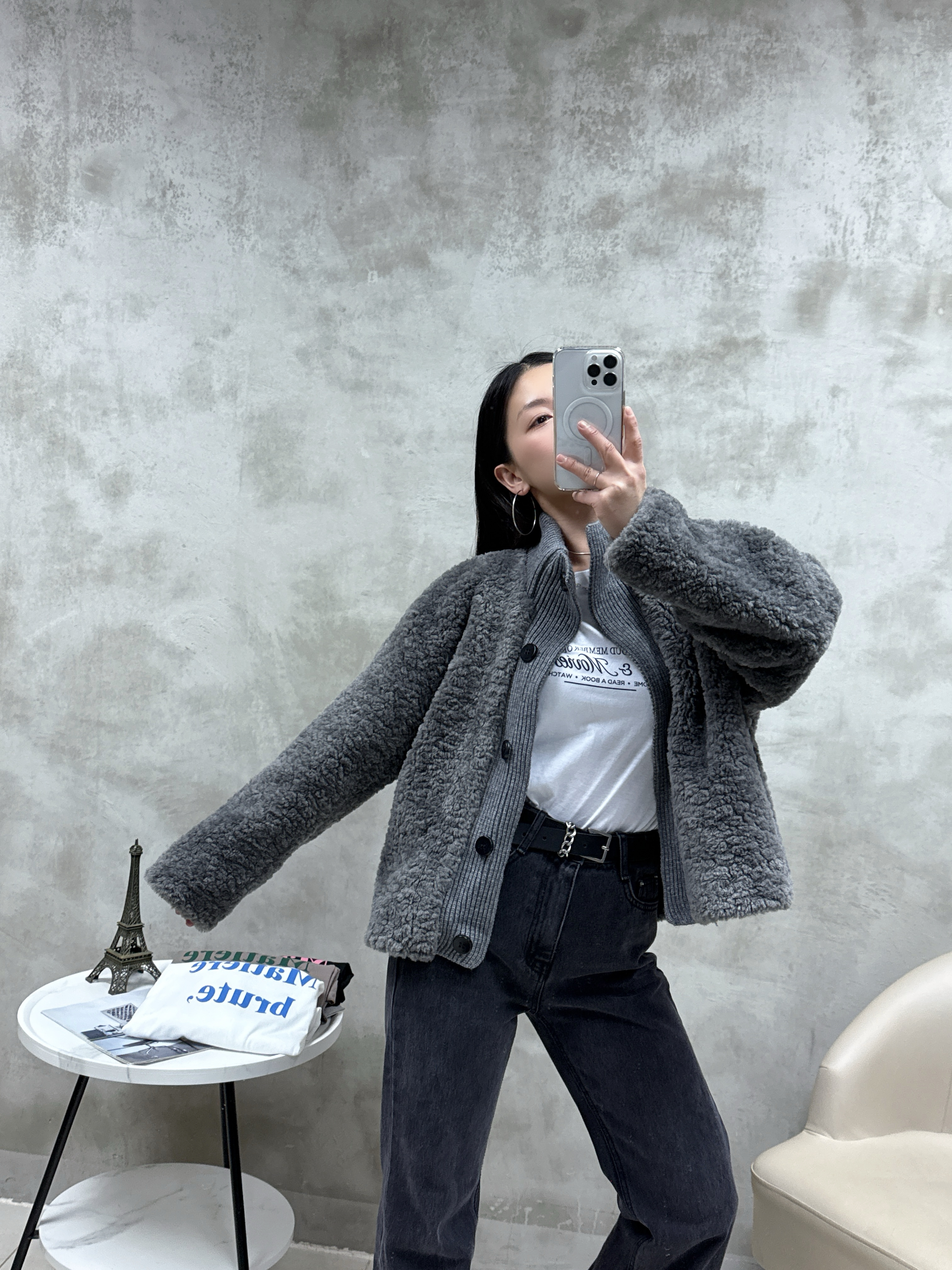 拼冷羊羔毛外套