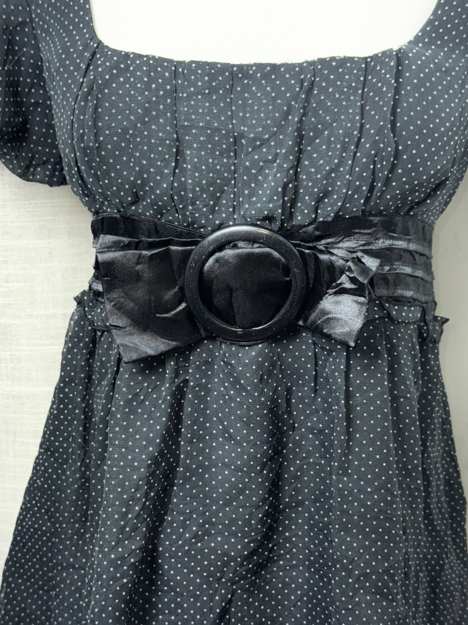 Polka Dot Empire Waist Puff Sleeve Lace Babydoll with Buckle
