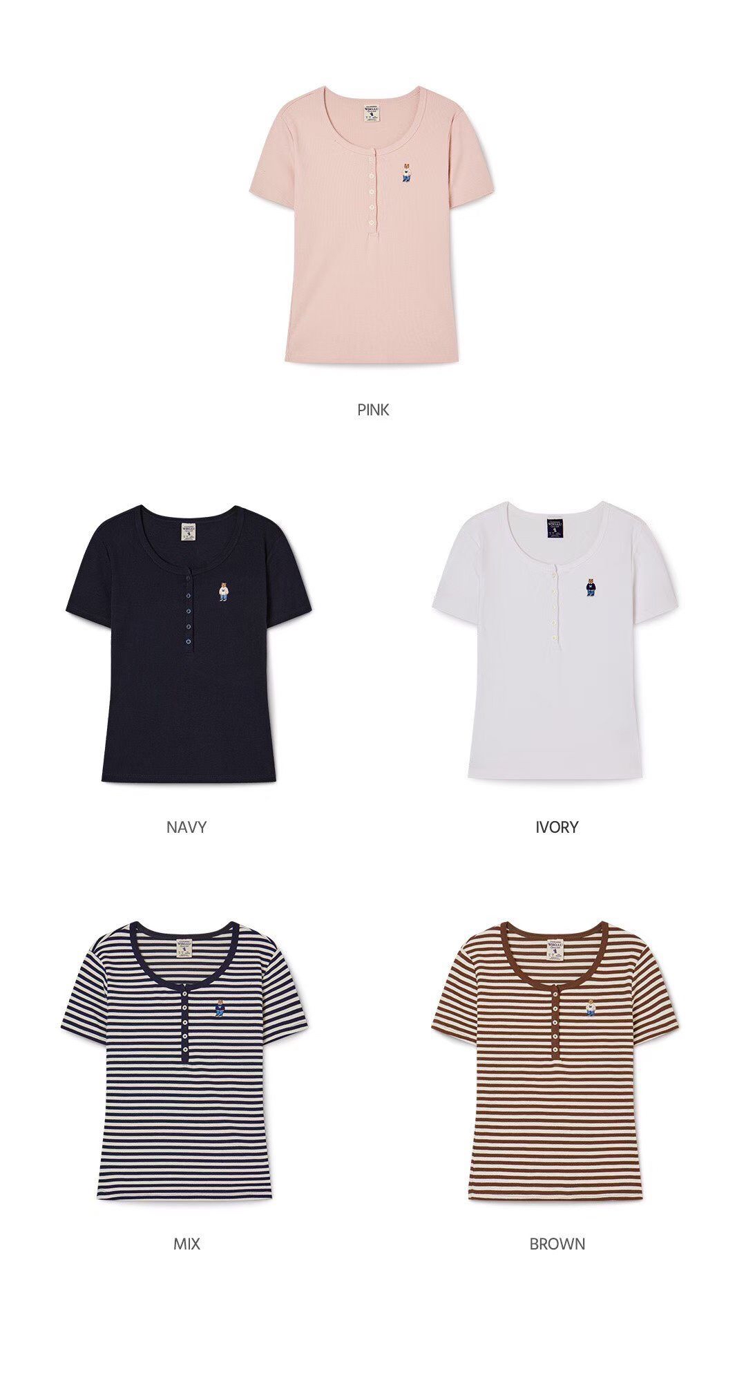 *🇰🇷韓國直送Who.A.U 韓國🇰🇷專門店/免稅店 Steve Ribbed Henry Neck T-shirt 刺繡小熊簡約襯衫 折扣優惠🈹*