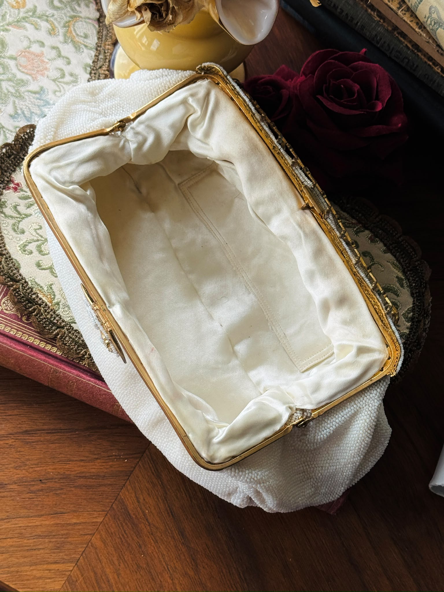 Vintage Mid-century Pastel Foliage Frame White Bead Bag- Likely Made in France (MT2647)
