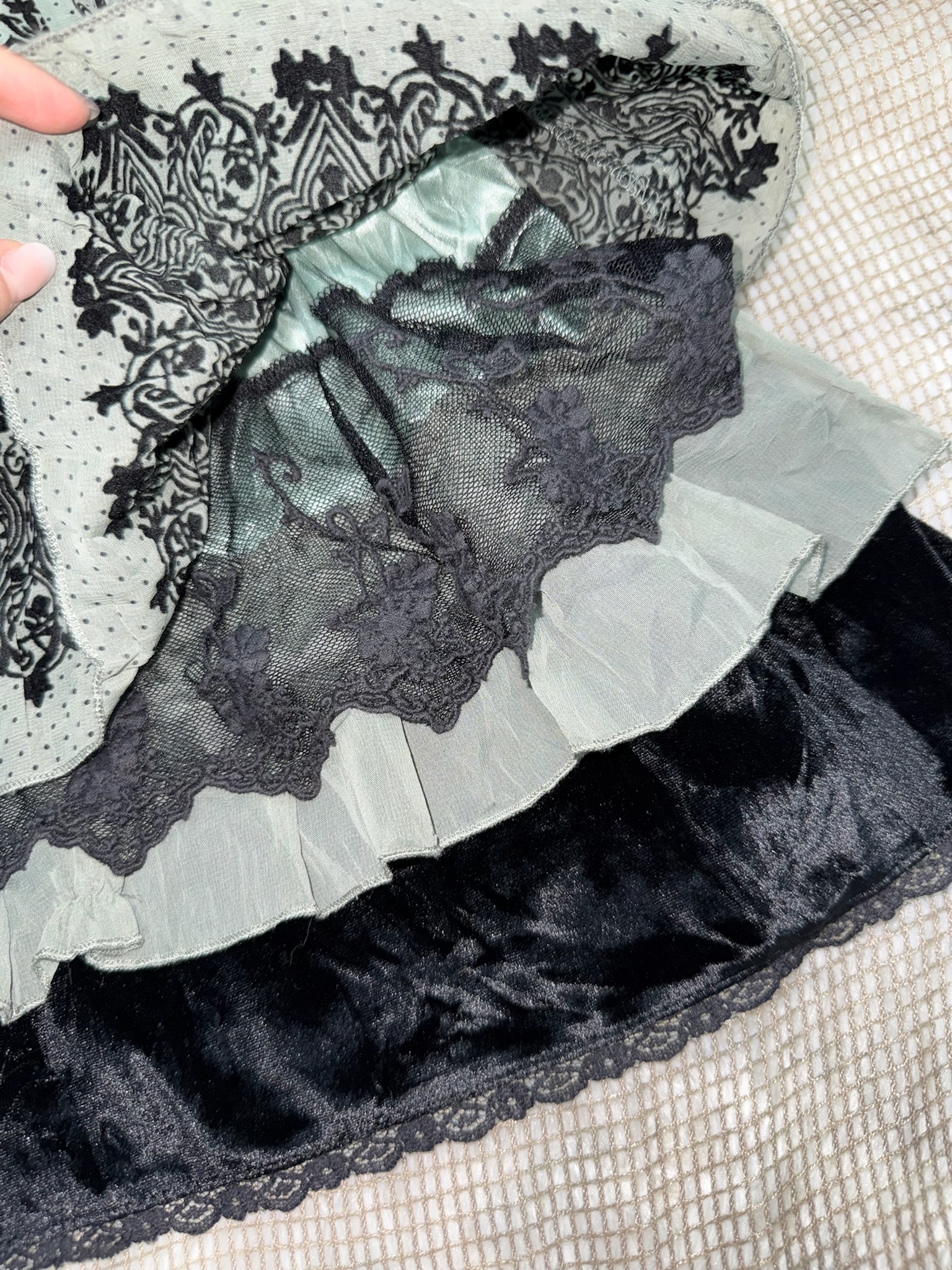 Axes Sage Green Mesh Slip Dress with Black Baroque Print and Tiered Lace Ruffles