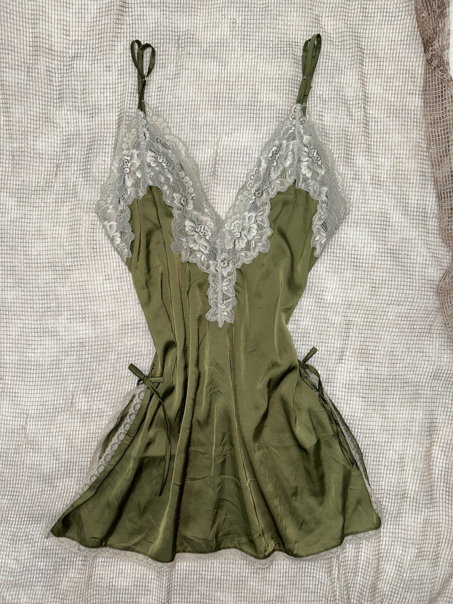 Olive Green Satin Nightie with Floral Lace V-Neck