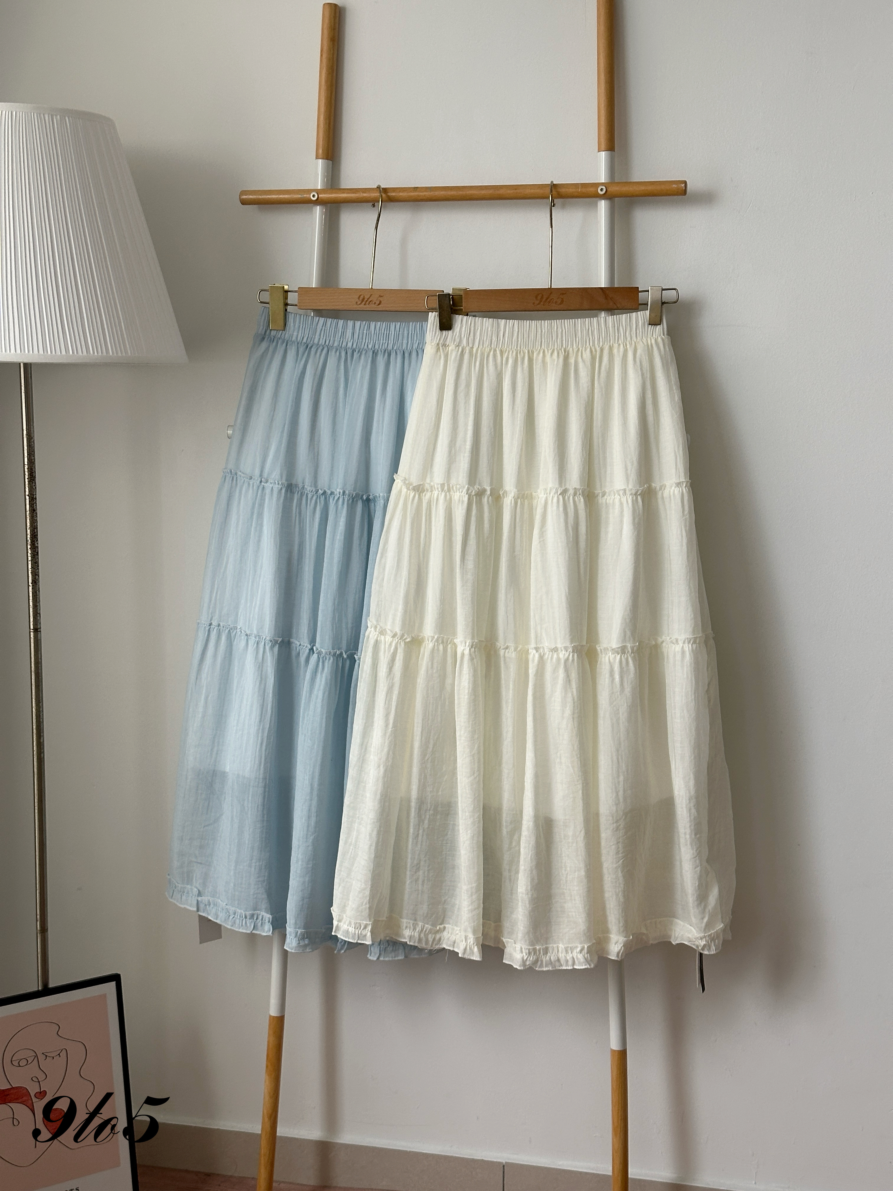 S2010 Long Layered Skirt - Blue & Cream
