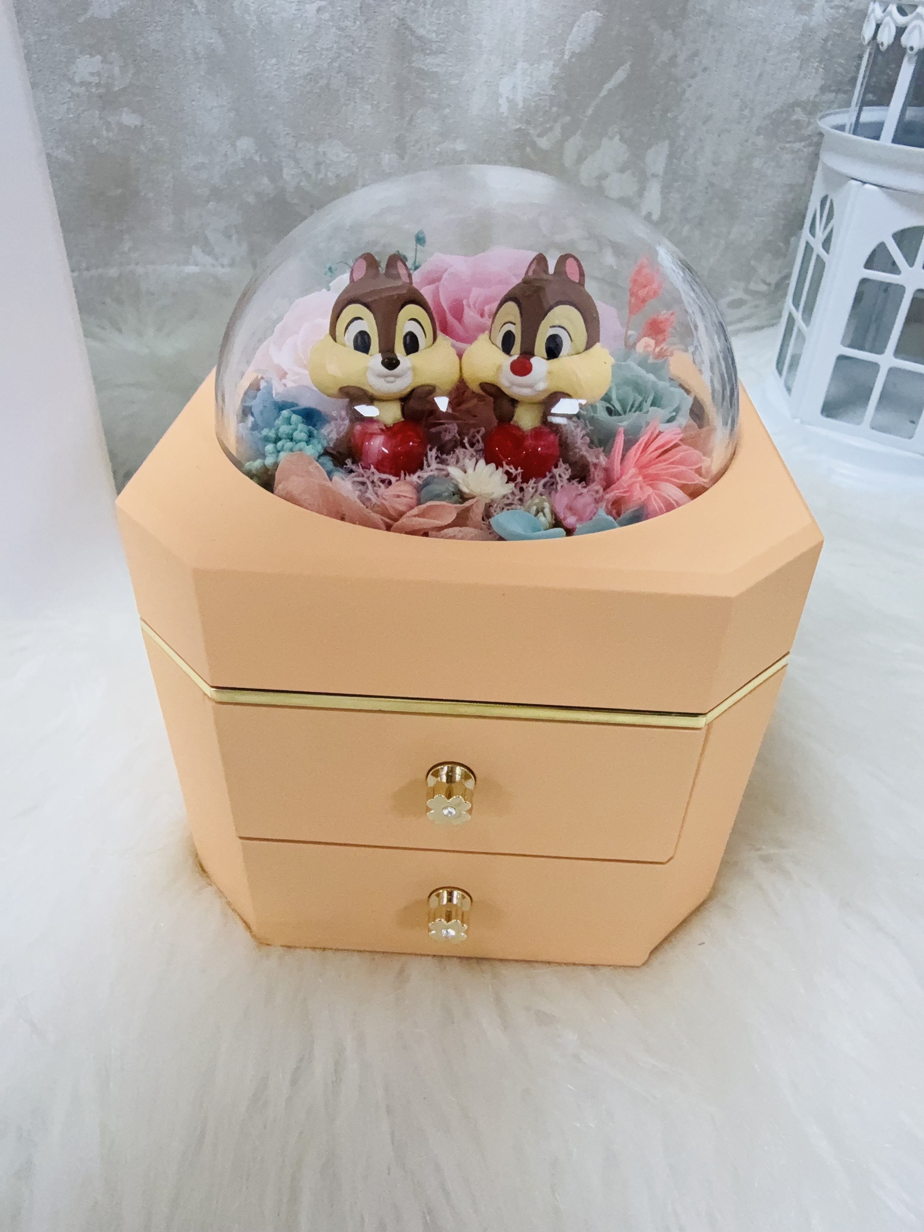 大鼻鋼牙粉紅藍玫瑰永生花飾物盒