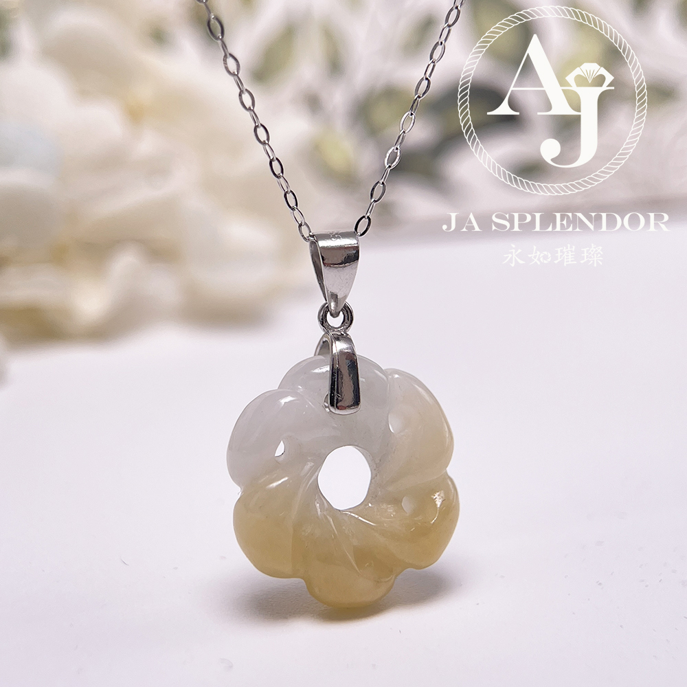 JN-2735 天然翡翠A玉-糖環花開富貴立體雕花吊墜（送銀鏈）