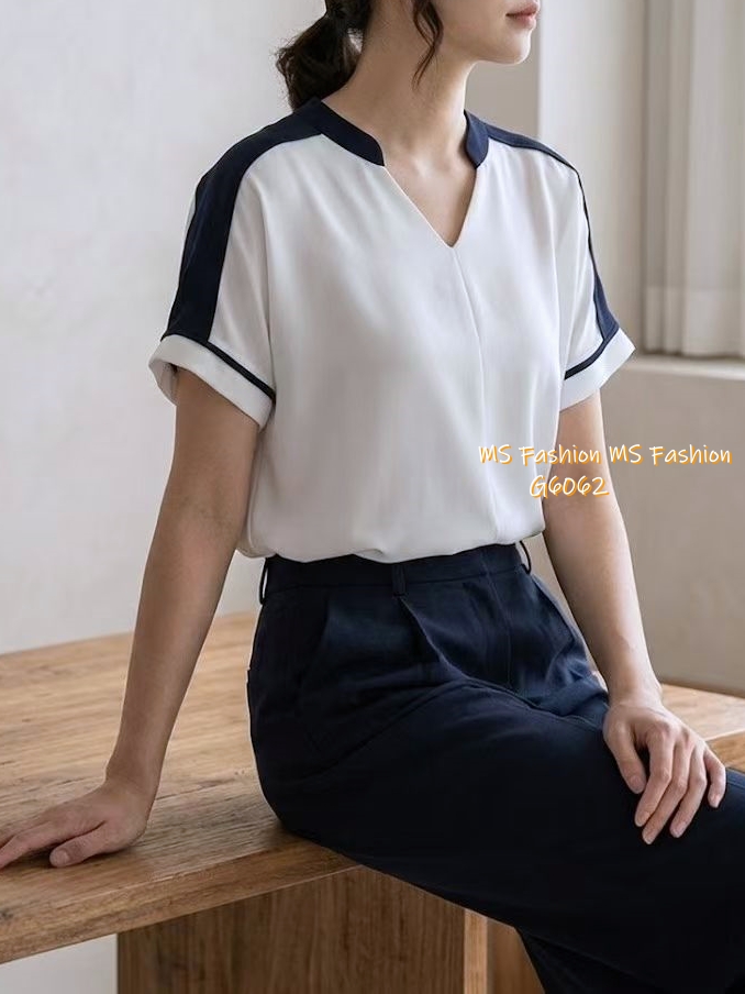 G6062 韓國🇰🇷靚料V領拼色top
