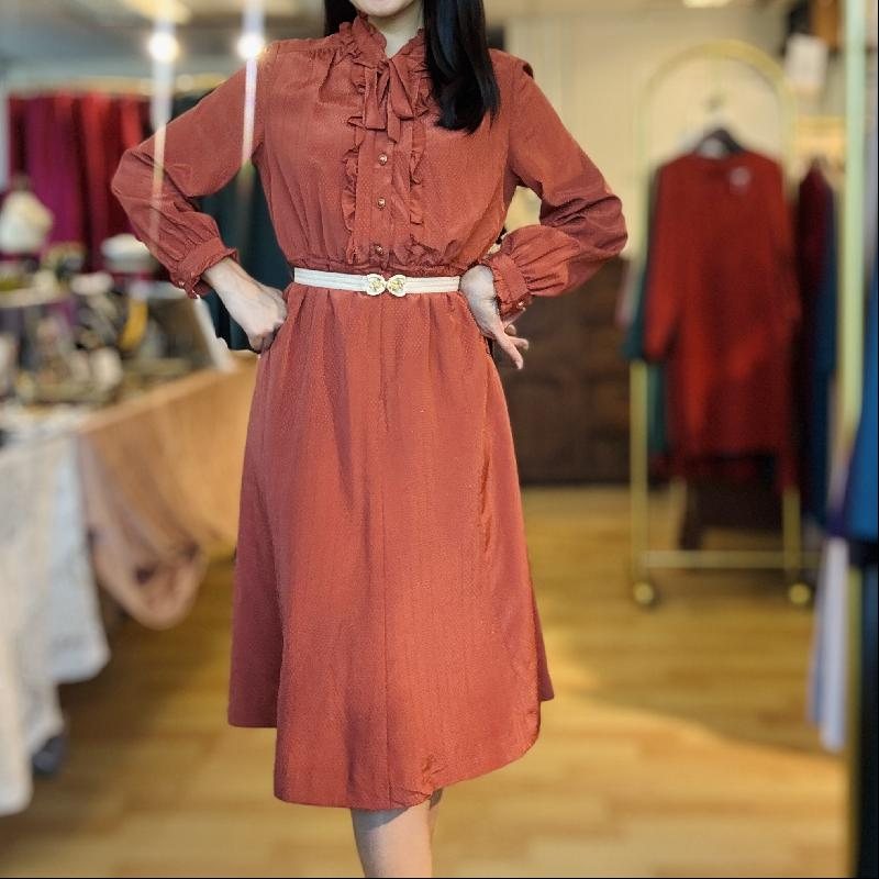 Vintage Dotted and Glittering Fabric Redish Brown Day and Night Dress With Ruffle Collar (PP001-22)
