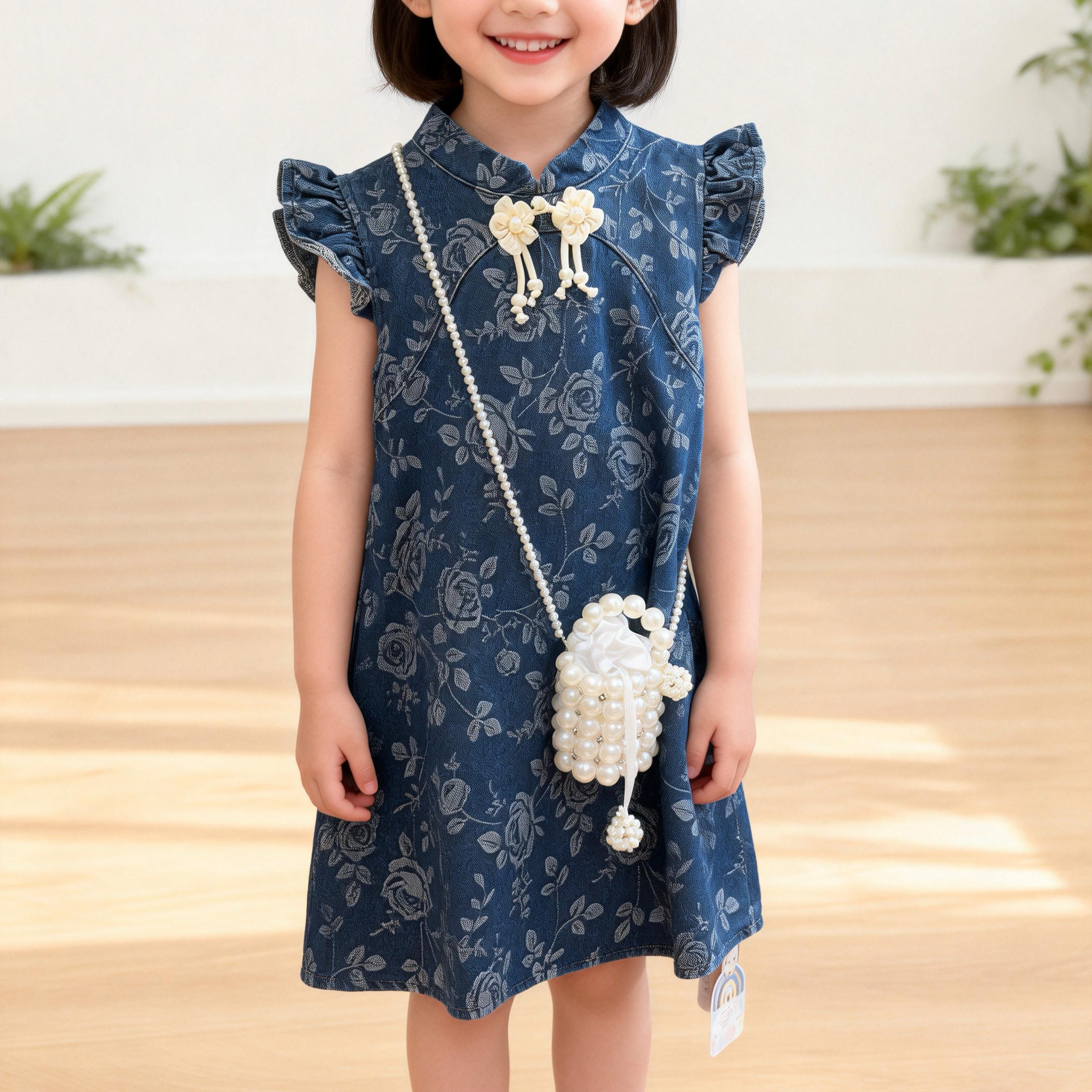 032373 | Floral Denim Girl's Dress with Pearl Purse