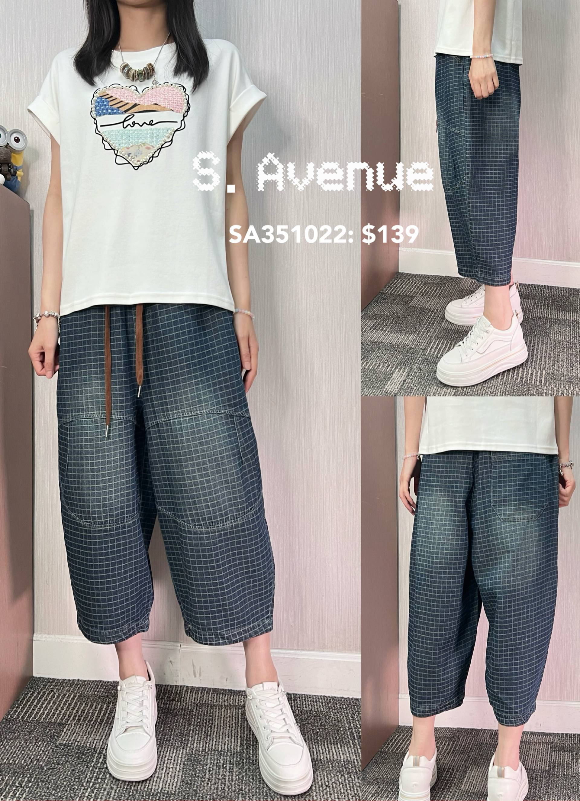 SA351022: 橡筋腰格紋洗水牛仔休閑褲