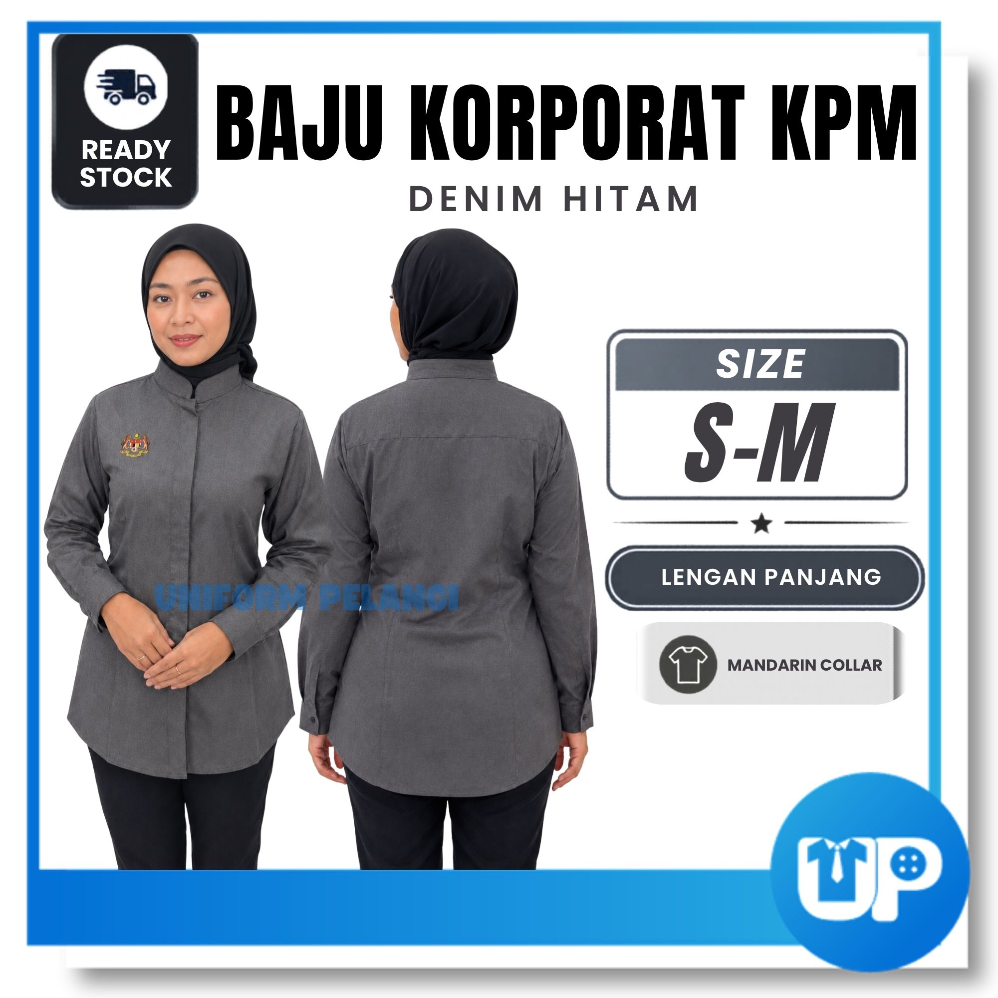 Baju Korporat KPM Wanita Denim Hitam Soft Lengan Panjang Denim Black Corporate Shirt Uniform with logo