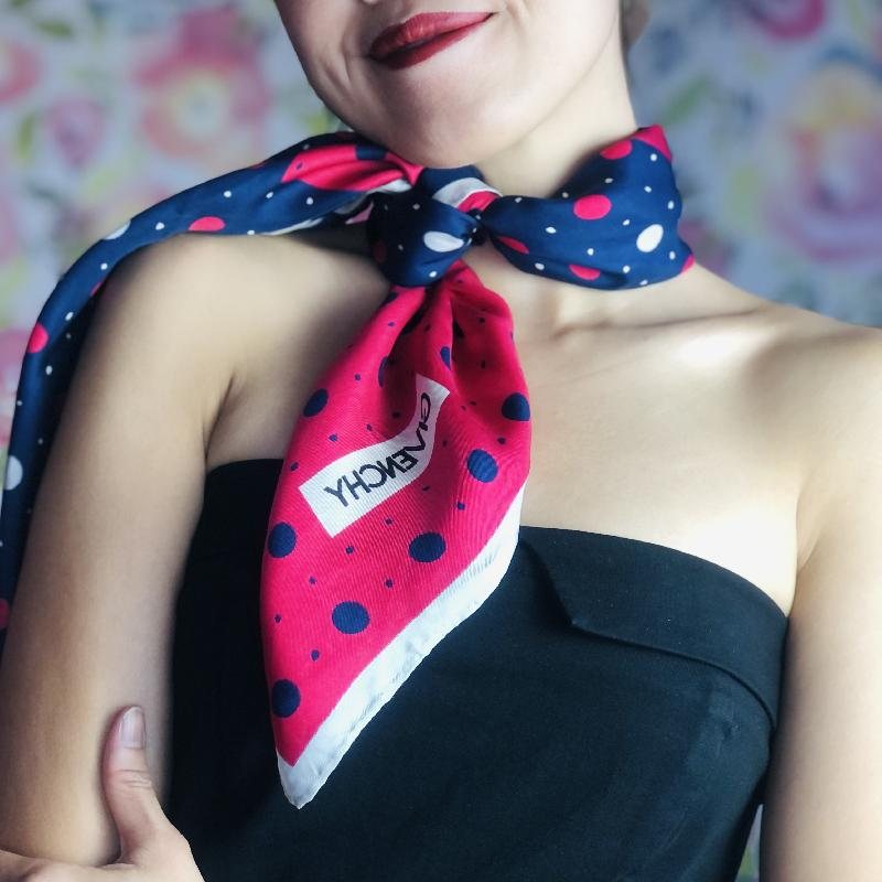 VIntage Givenchy Blue Red and White Trio-Colour Polka Dot Silk Scarf (MT1624)