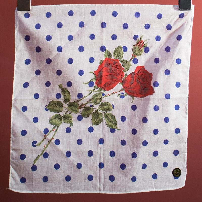 Vintage C.a. 1960s German "Peacock" Rose & Polka Dot Cotton Handkerchief - New Old Stock (EV387)