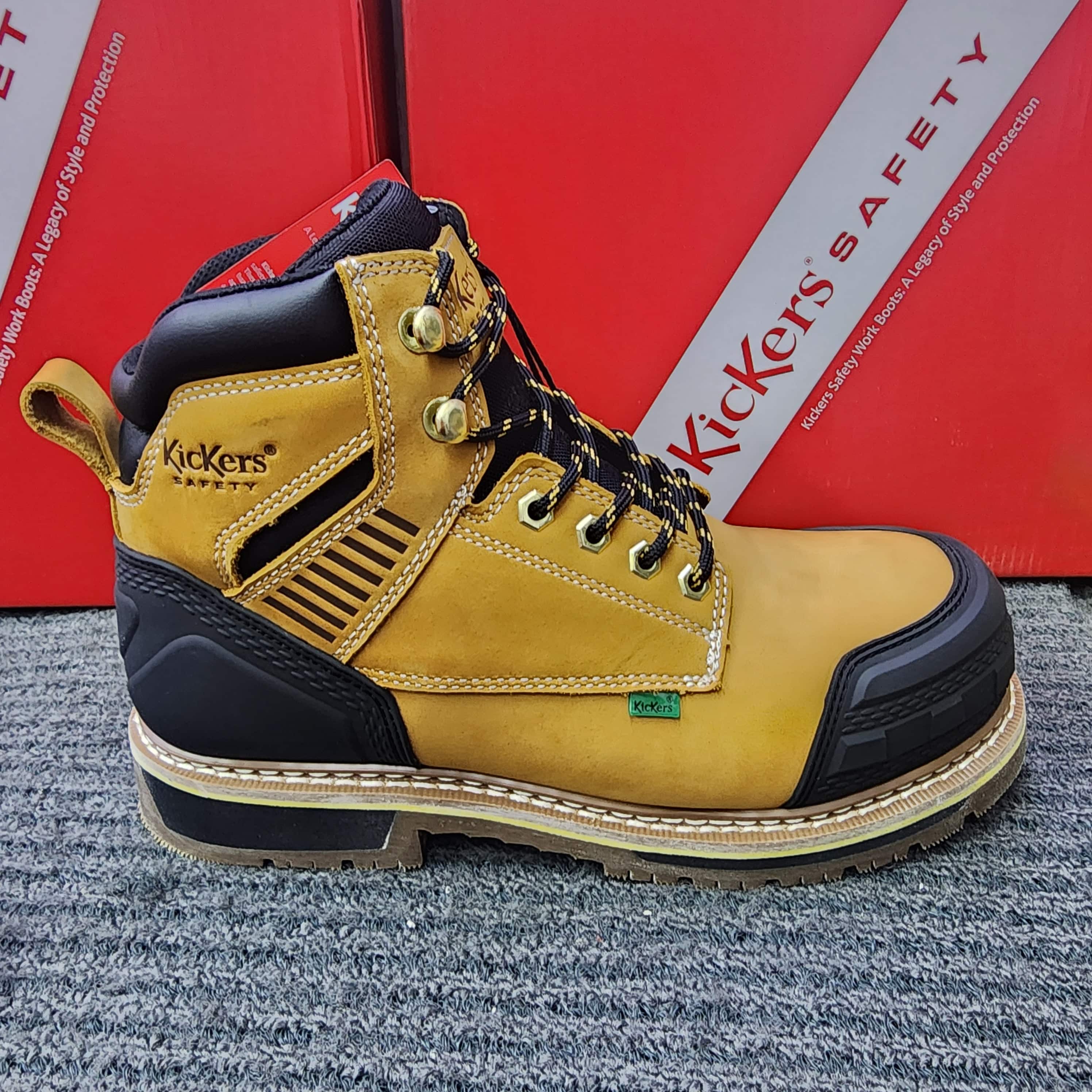 KicKers Safety Shoes 2986 Mid cut Lace Up Camel Dark Brown Leather Goodyear Welt Stiching
