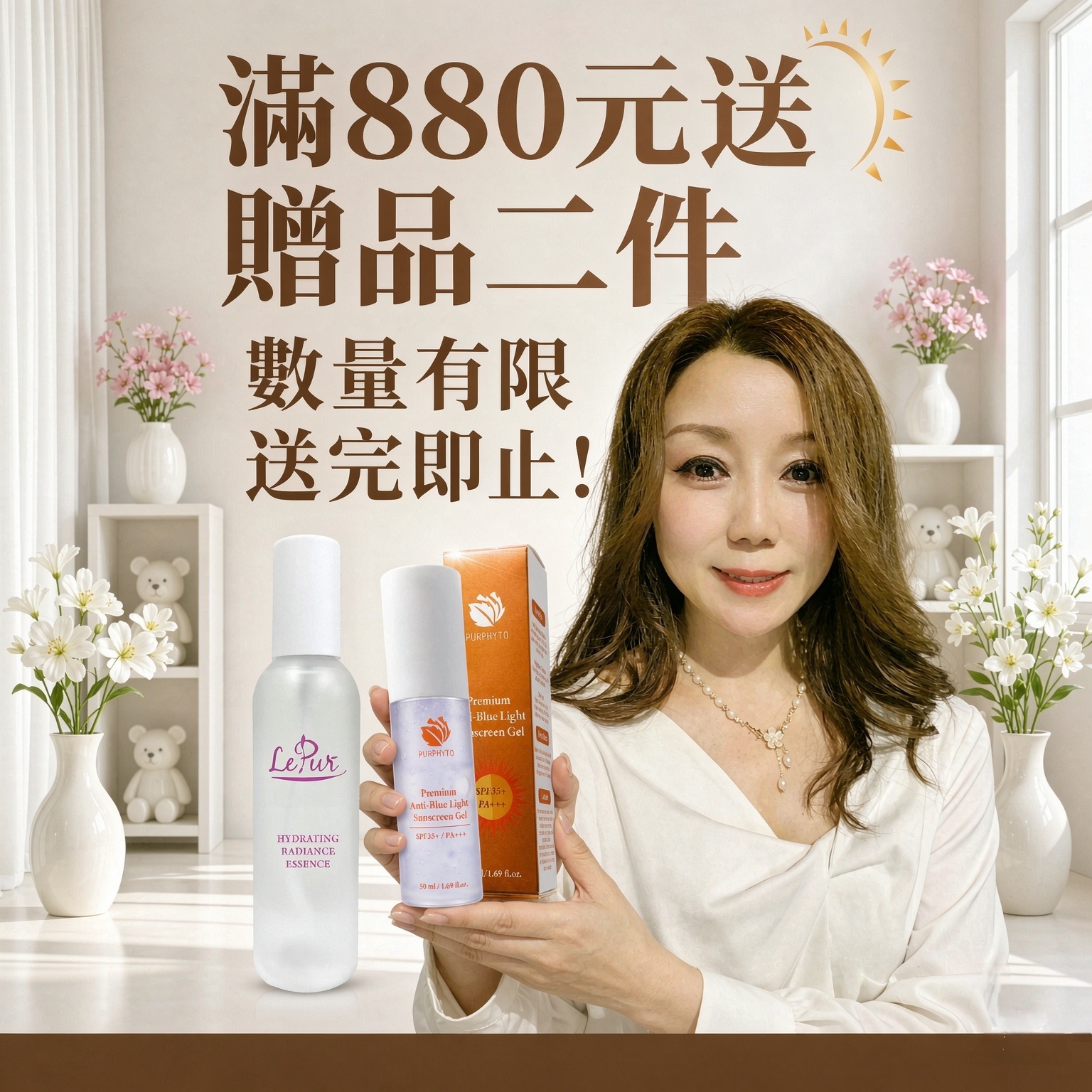 🔥🔥🔥贈品 滿880元送2件 保濕煥亮精華水+Purphyto高效抗藍光防曬露SPF35+PA+++,送完即止