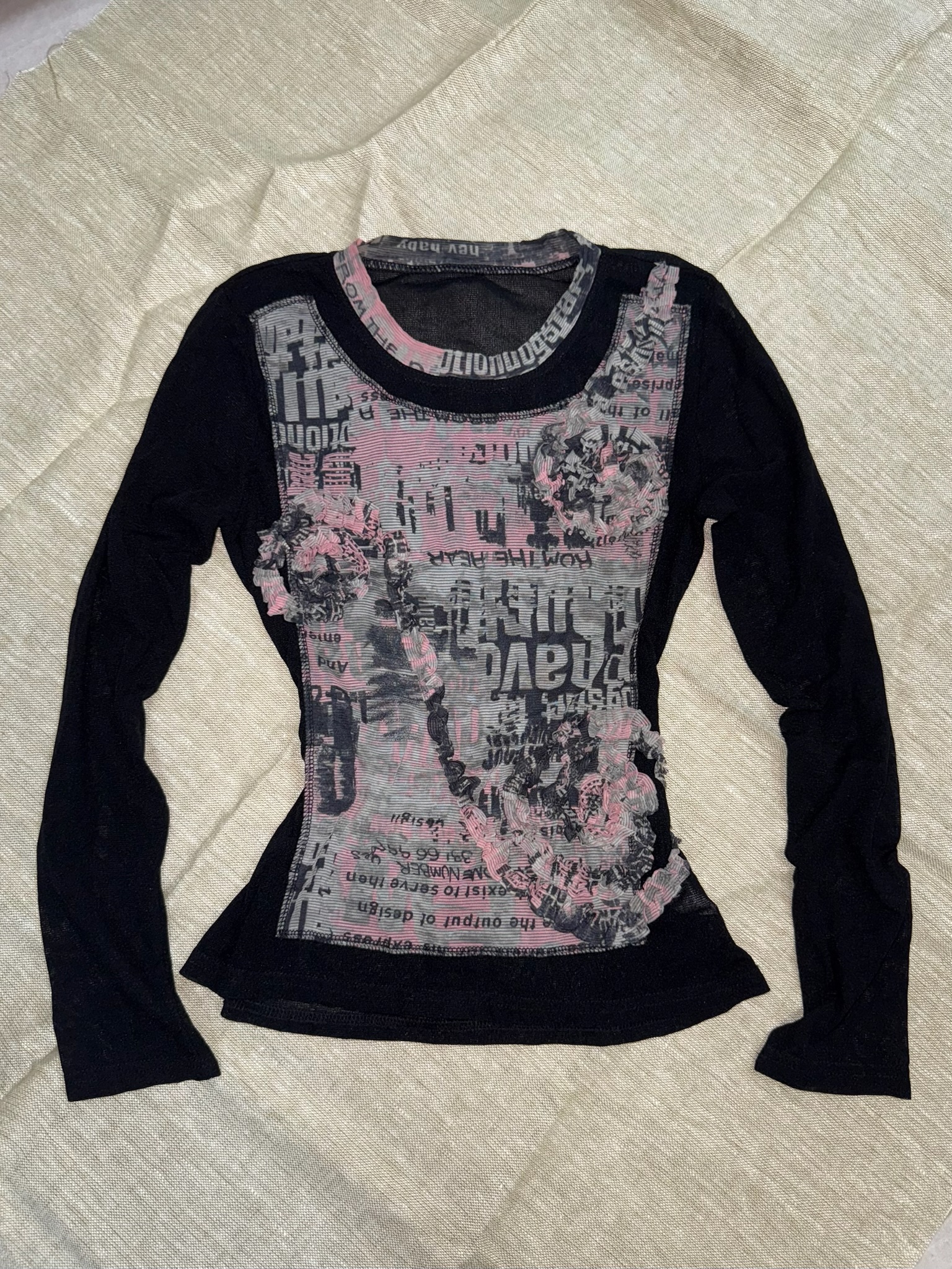 Graphic Print Long-Sleeve Mesh Top