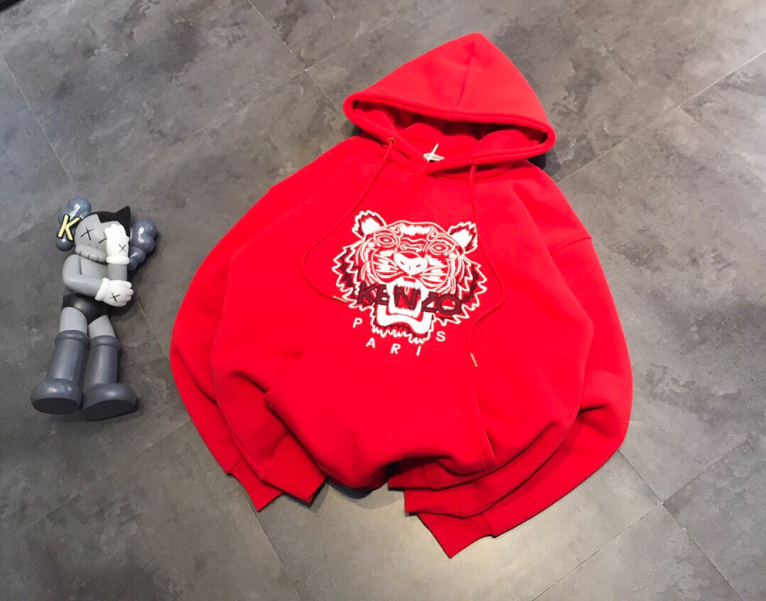 KENZO 新年紅立體刺繡虎頭加絨連帽衛衣