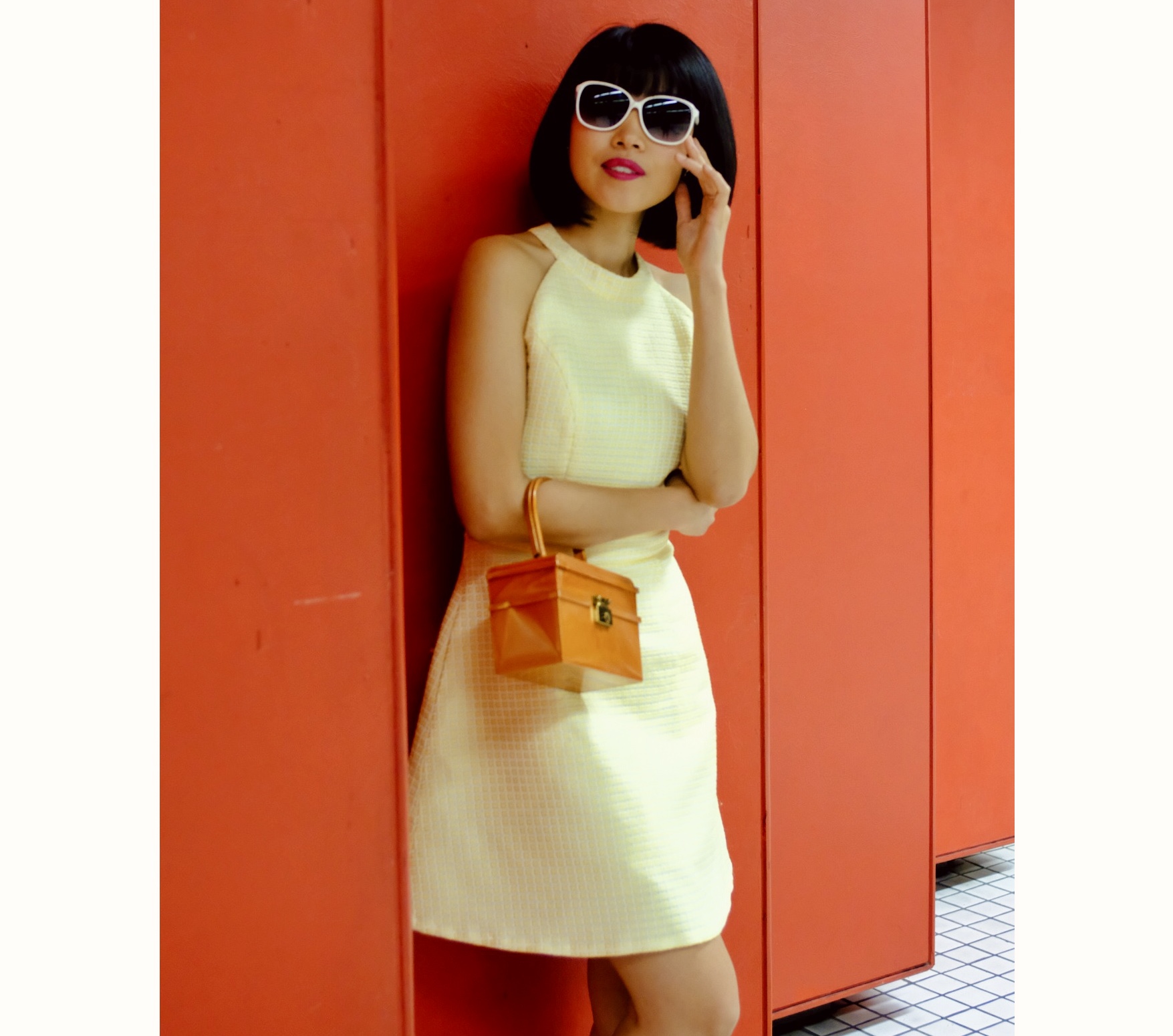 (Ready-made)1960s MOD Yellow Raised Geometric Pattern A-Line Dress(FM135)
