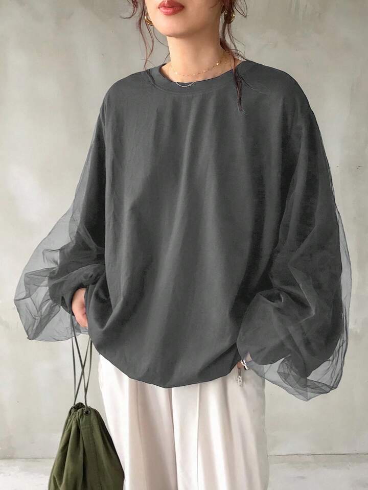 (兩色）薄紗拼接上衣