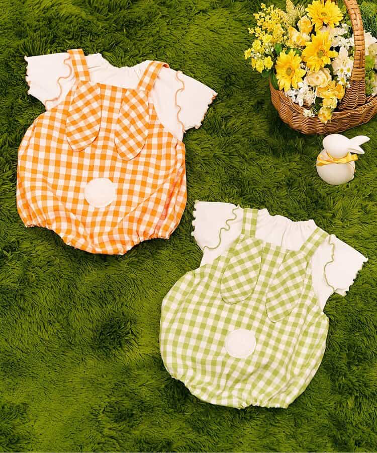 🇯🇵預訂 日本直送🇯🇵 Apres les cours 兩色立體兔耳格紋短袖上衣吊帶包屁褲套裝