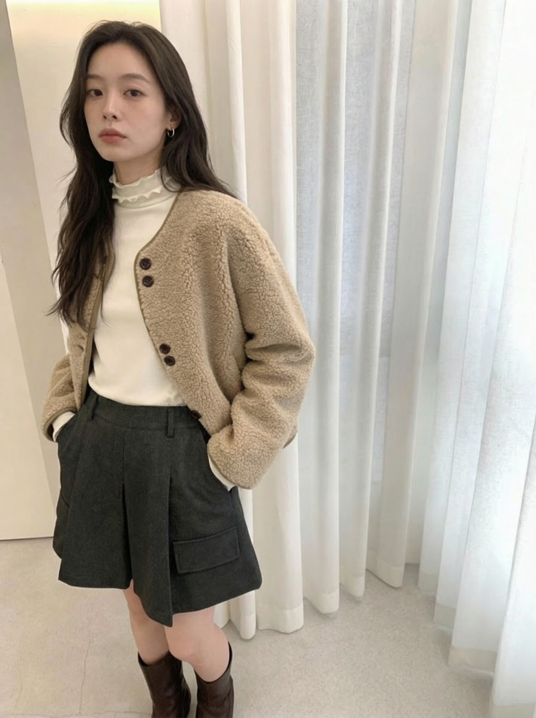 荷葉邊高領長袖上衣