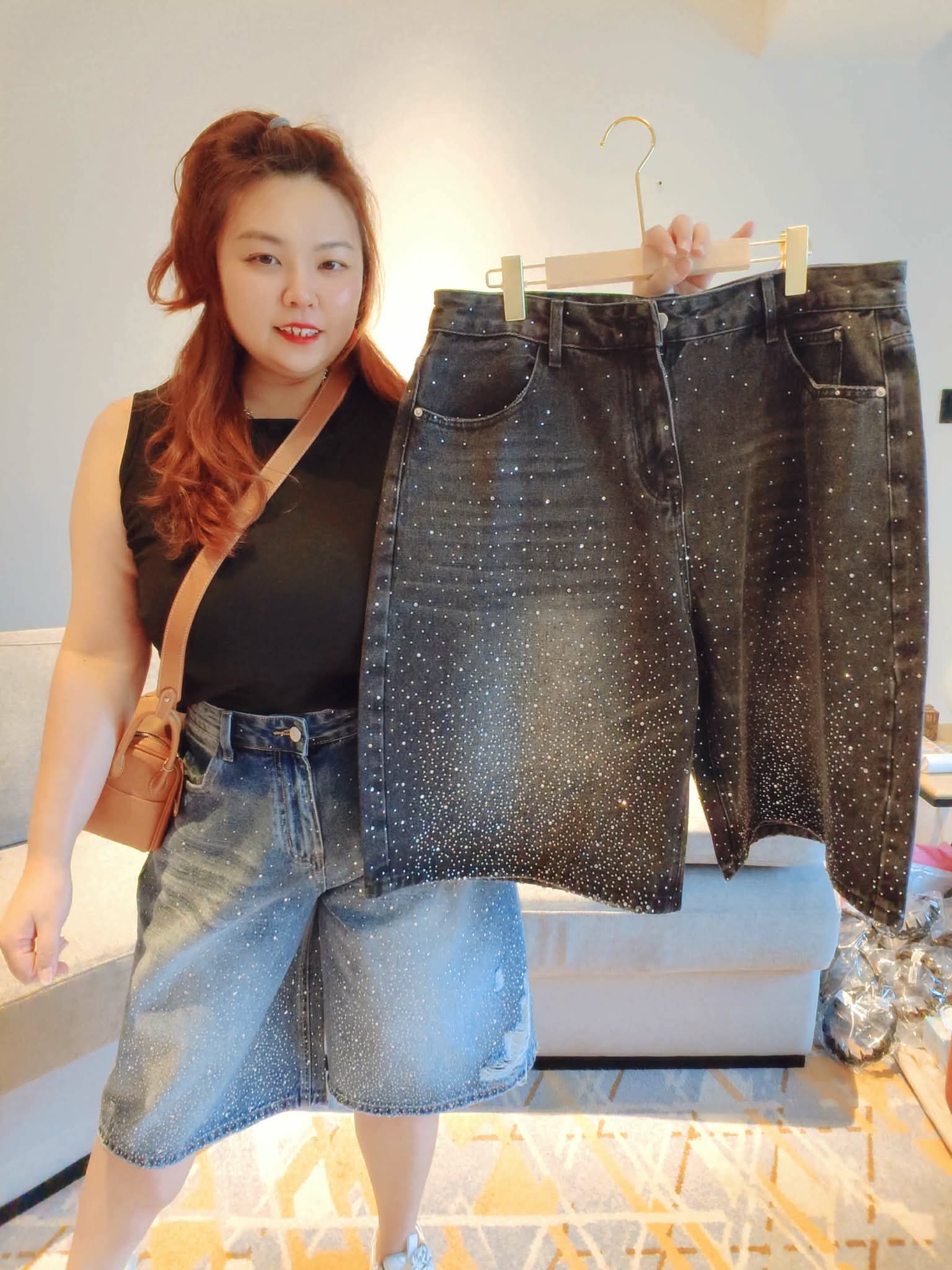 YPD04 007/008 高质量亮钻牛仔5分阔裤