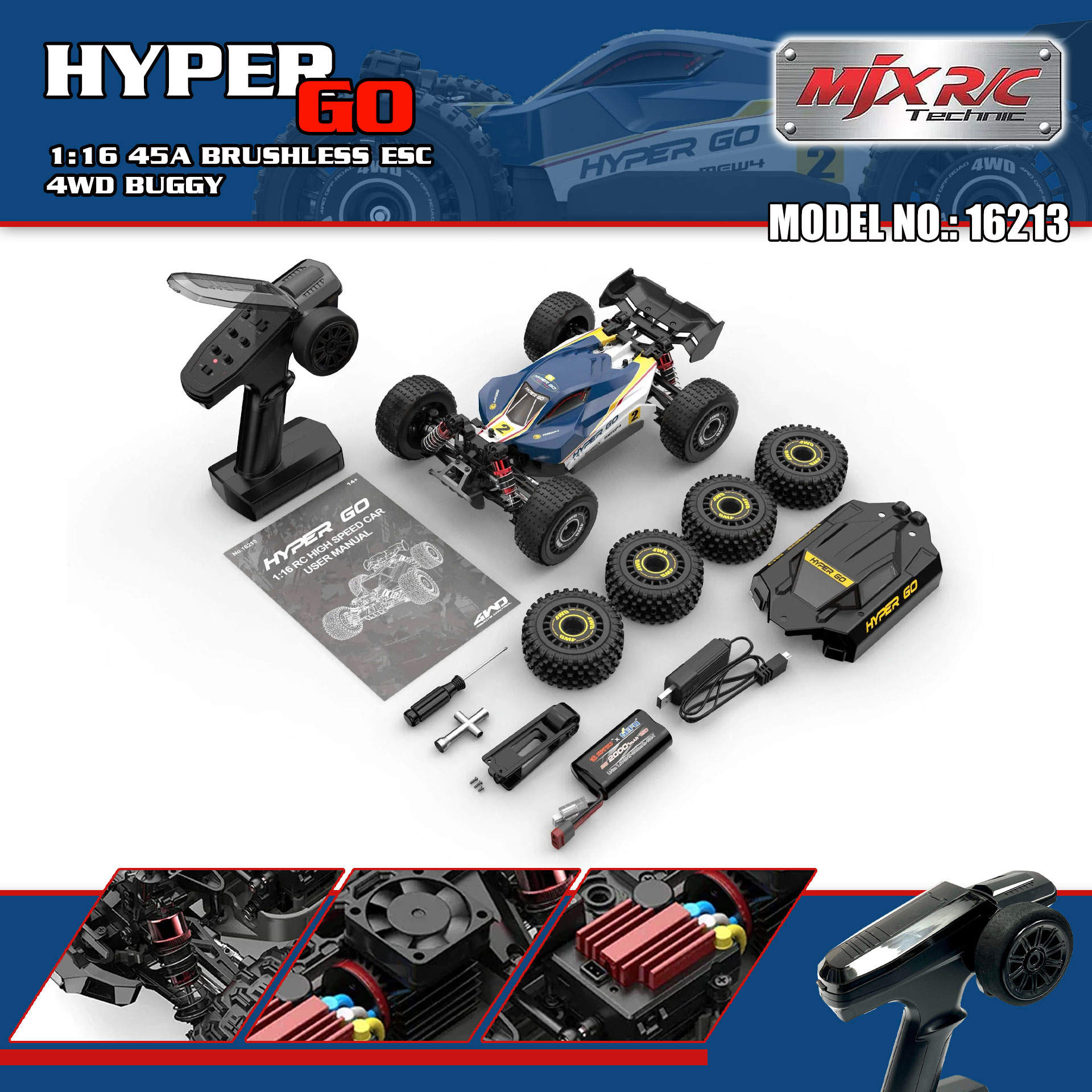 全新 美嘉欣 MJX R/C 1:16 16213 無刷越野車 | 雙車殼及2套車軩 | 金屬齒輪 | 油壓避震 | 可用2s-3s電 | 最高速約60KM/H