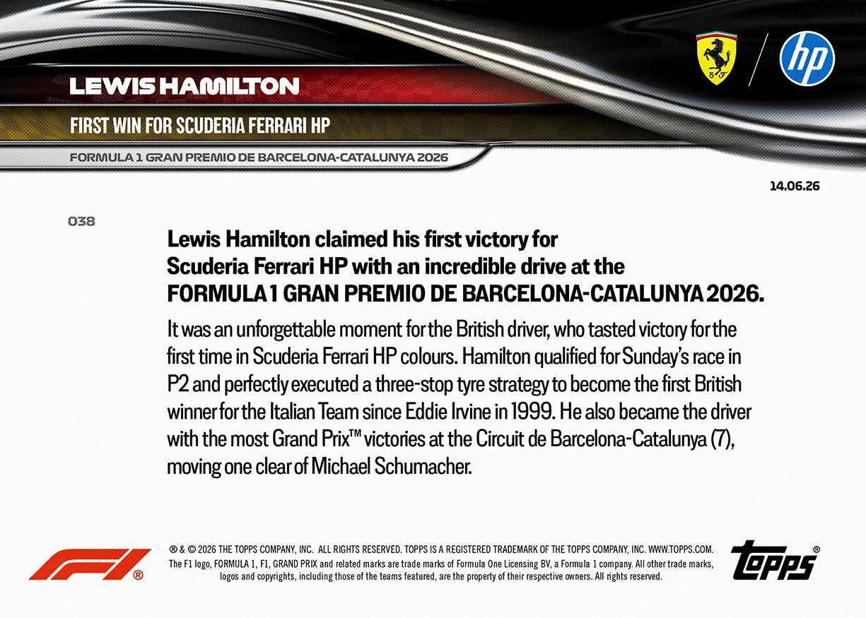 Lewis Hamilton - 2026 F1 Topps NOW® #38 Barcelona GP 首場Ferrari贏車卡｜PR 69,024