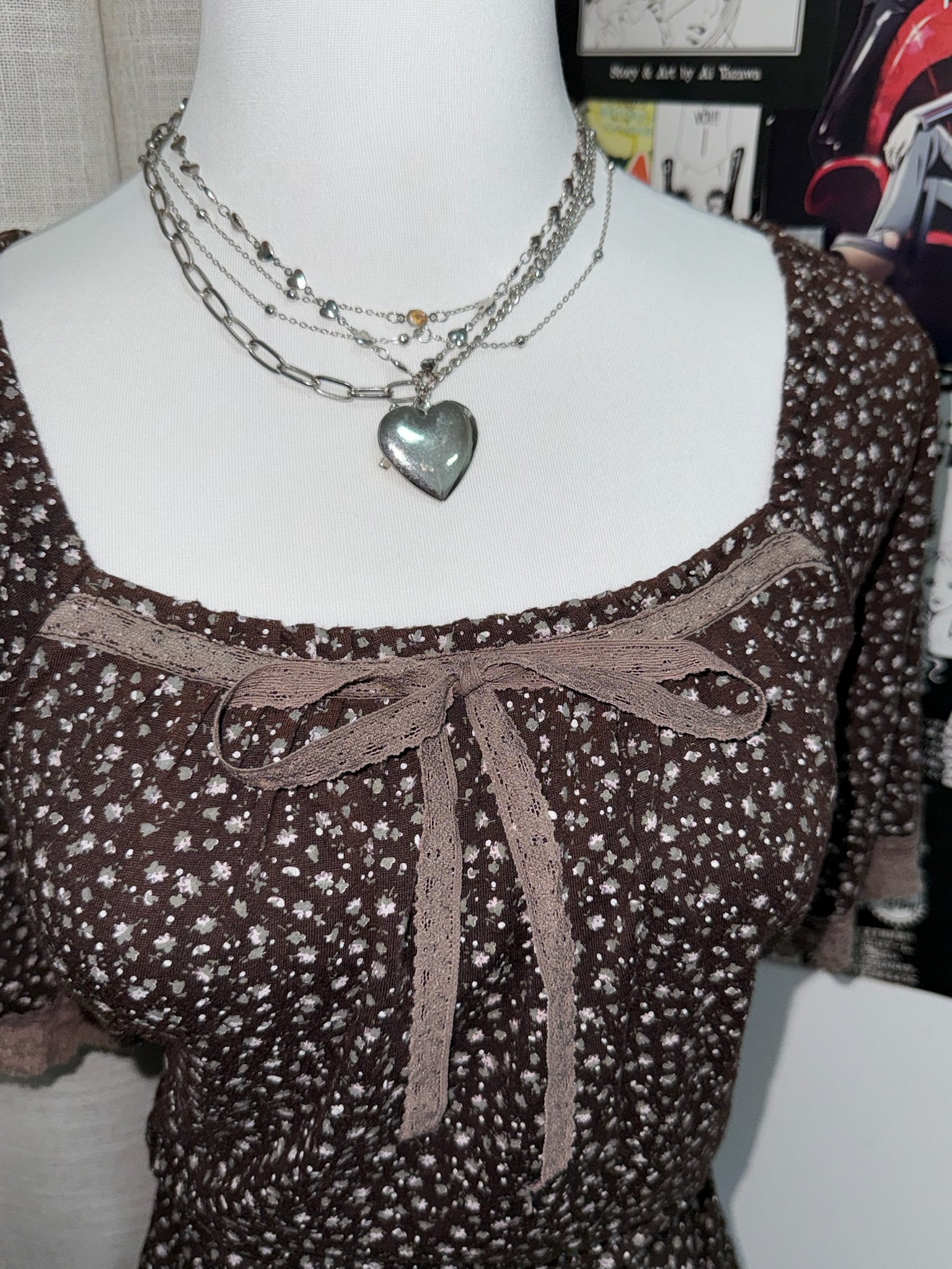  Brown Floral Ditsy Print Top with Lace