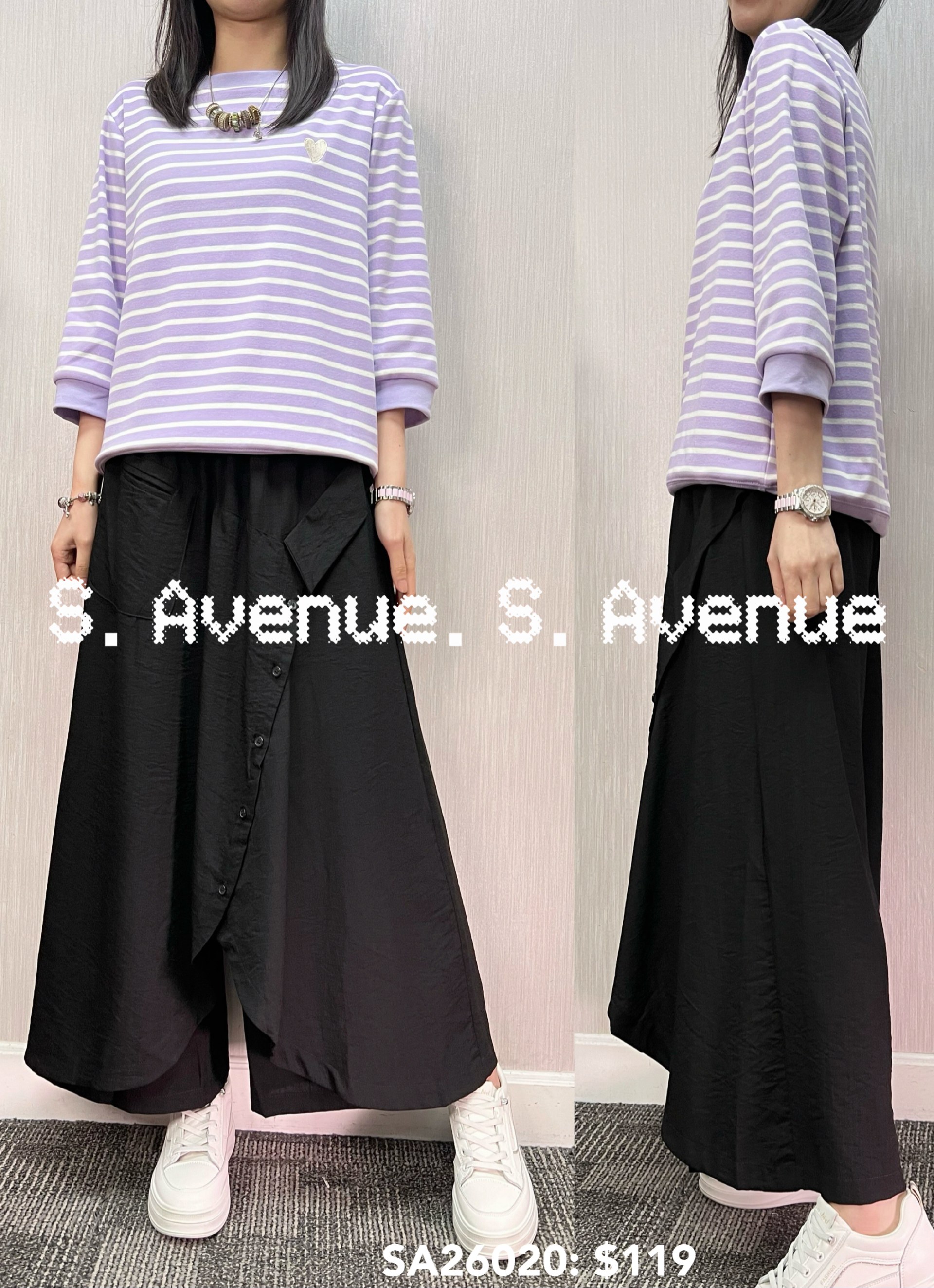 SA26020: 中袖間條繡心心tee