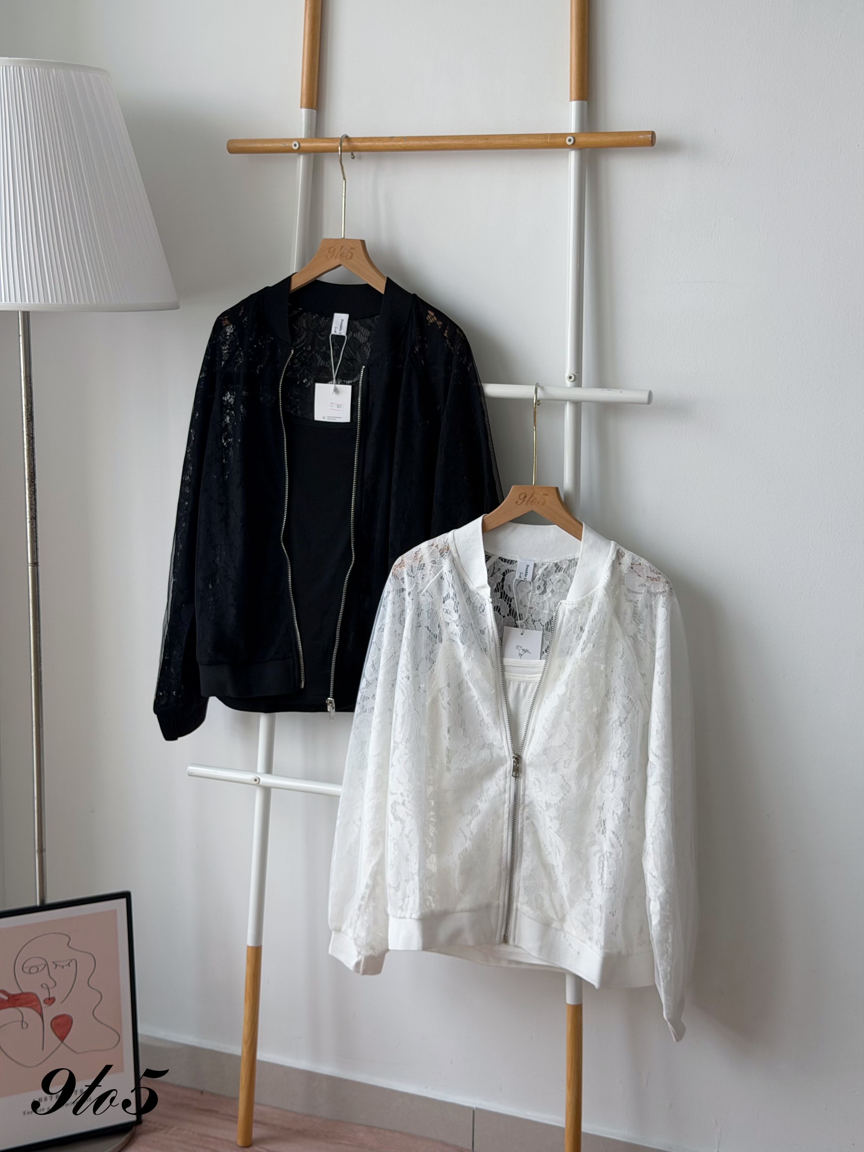 T4495 Long Sleeve Lace Bomber Jacket - Black & White