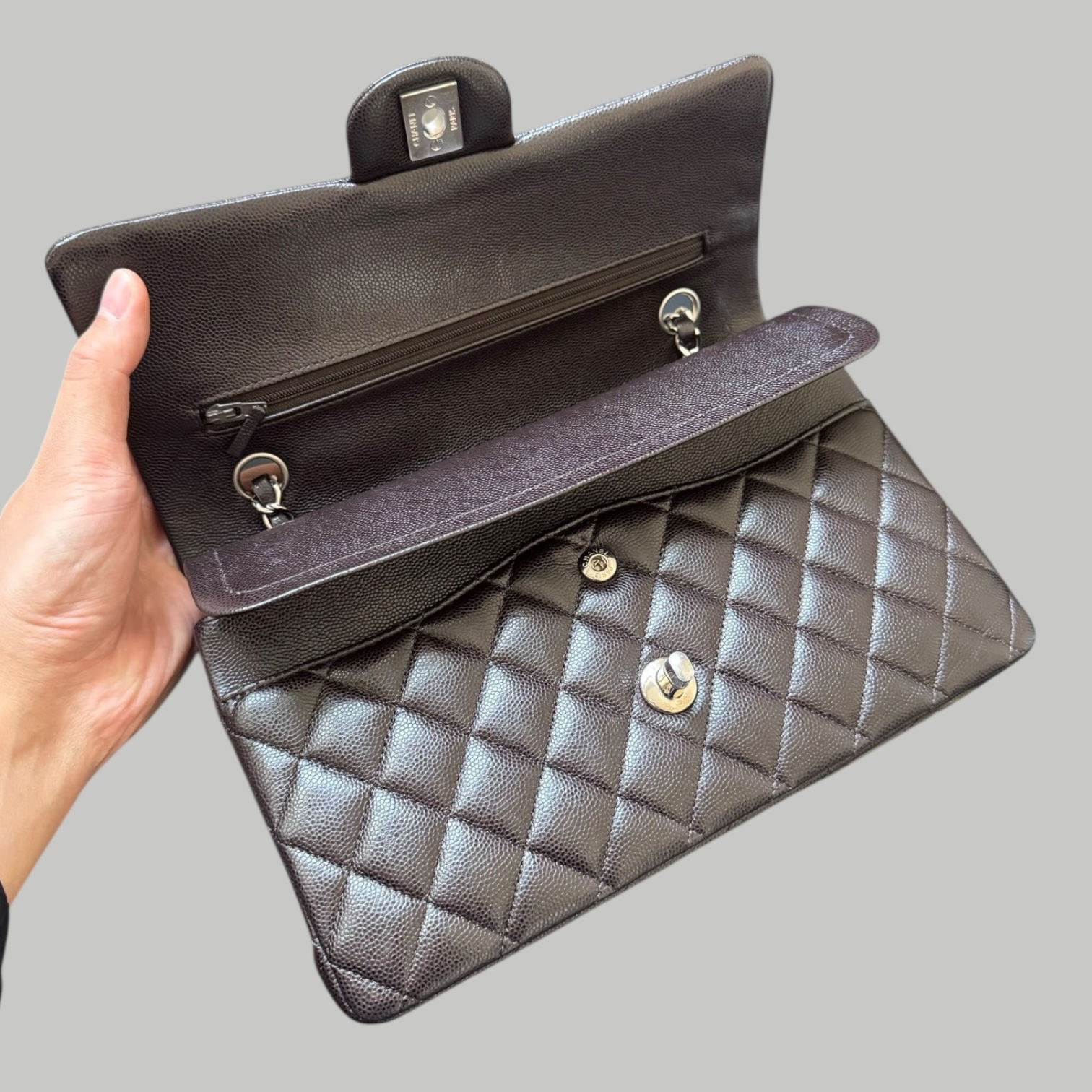 Chanel Caviar CF25 朱古力啡銀扣