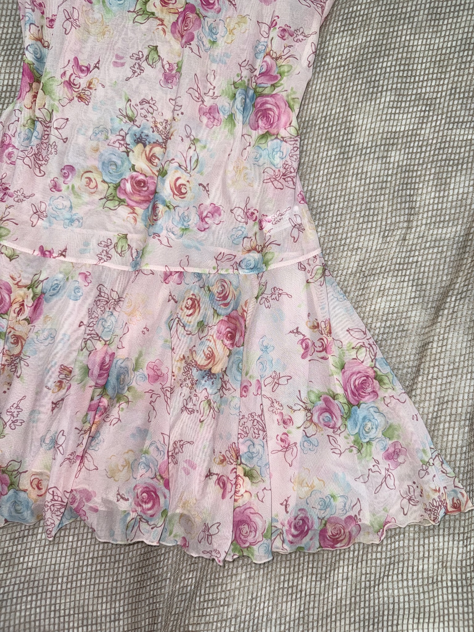 Pink Floral Print Mesh Slip Dress with Ruffled Straps and Lettuce Hem