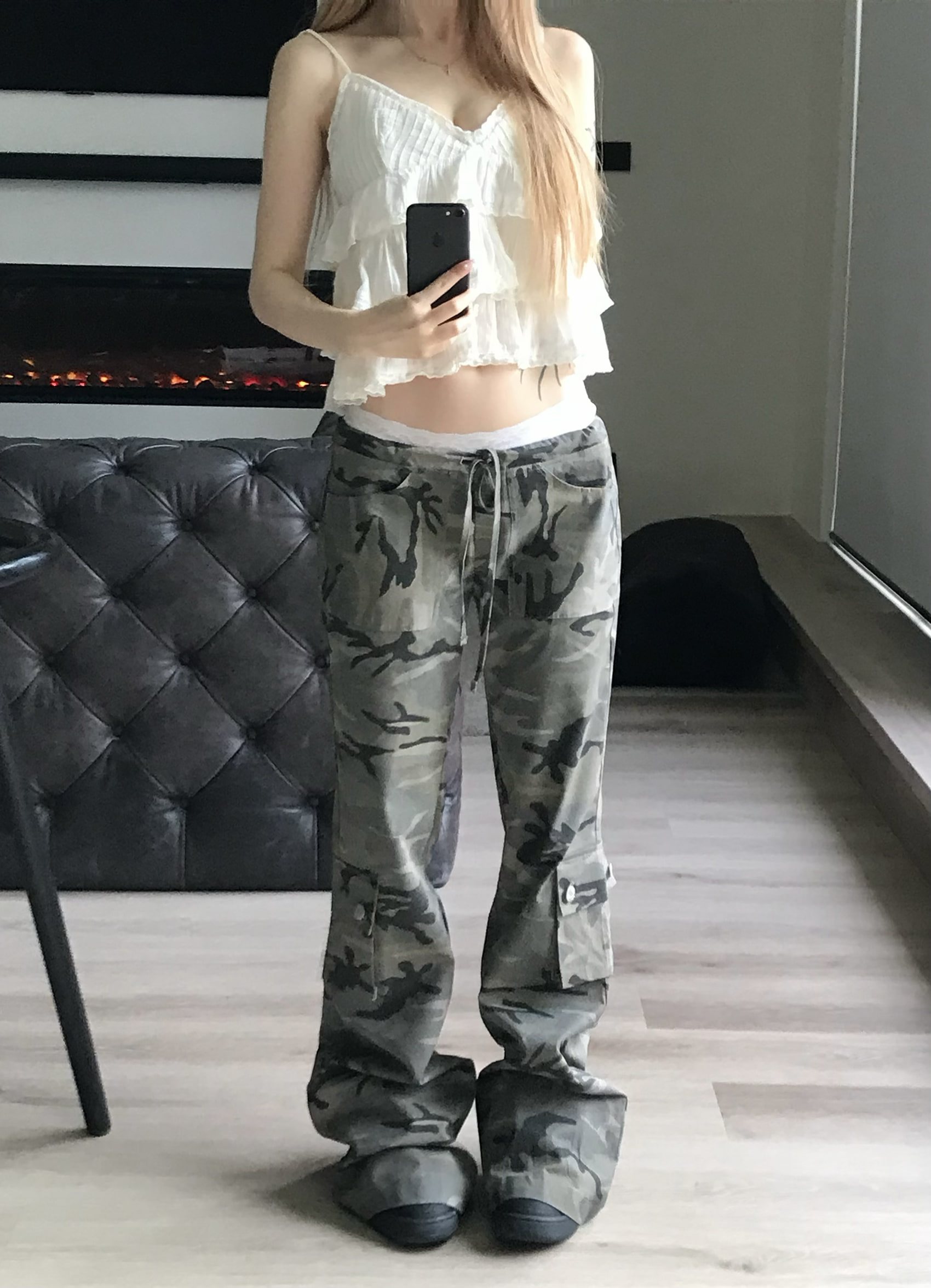 Camo Low-Rise Flare Cargo Pants
