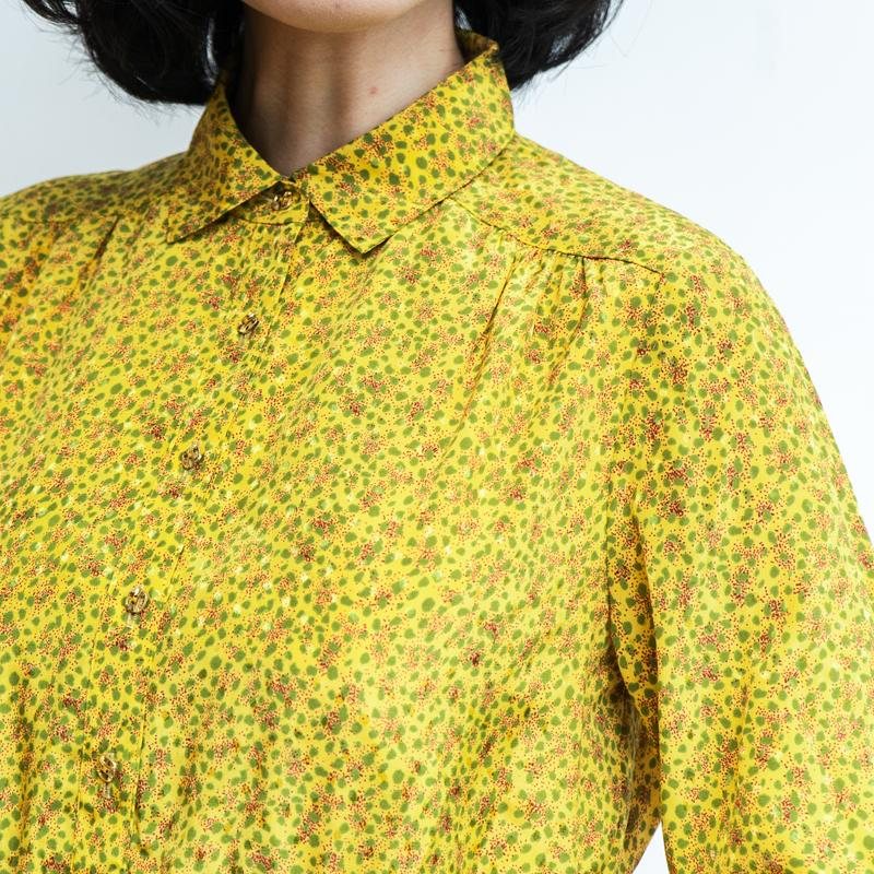 Vintage Japanese Green and Yellow Scattering Foliage Pattern Pleated Shirtdress (MT1608-75)