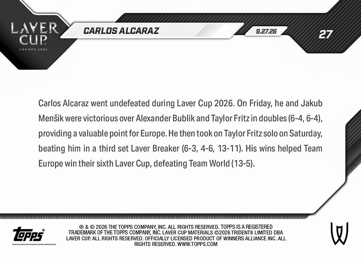 Carlos Alcaraz - 2026 Topps NOW® Tennis #27 Laver Cup 冠軍紀念卡【團購】