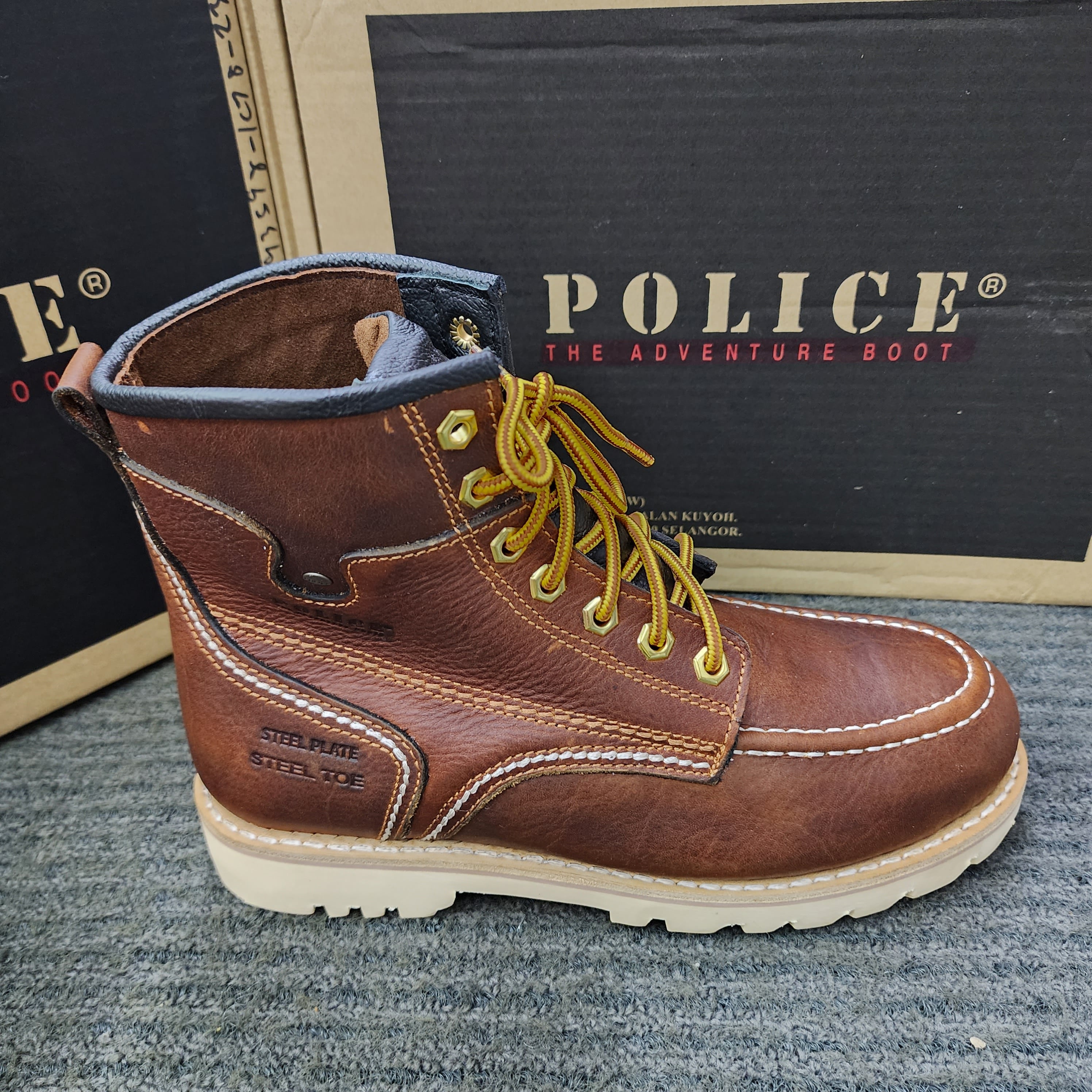 POLICE SAFETY 93598 Mid Cut Lace Up Safety Shoes leather Brown Maroon Kasut Keselamatan Kulit Tali Kasut Keselamatan
