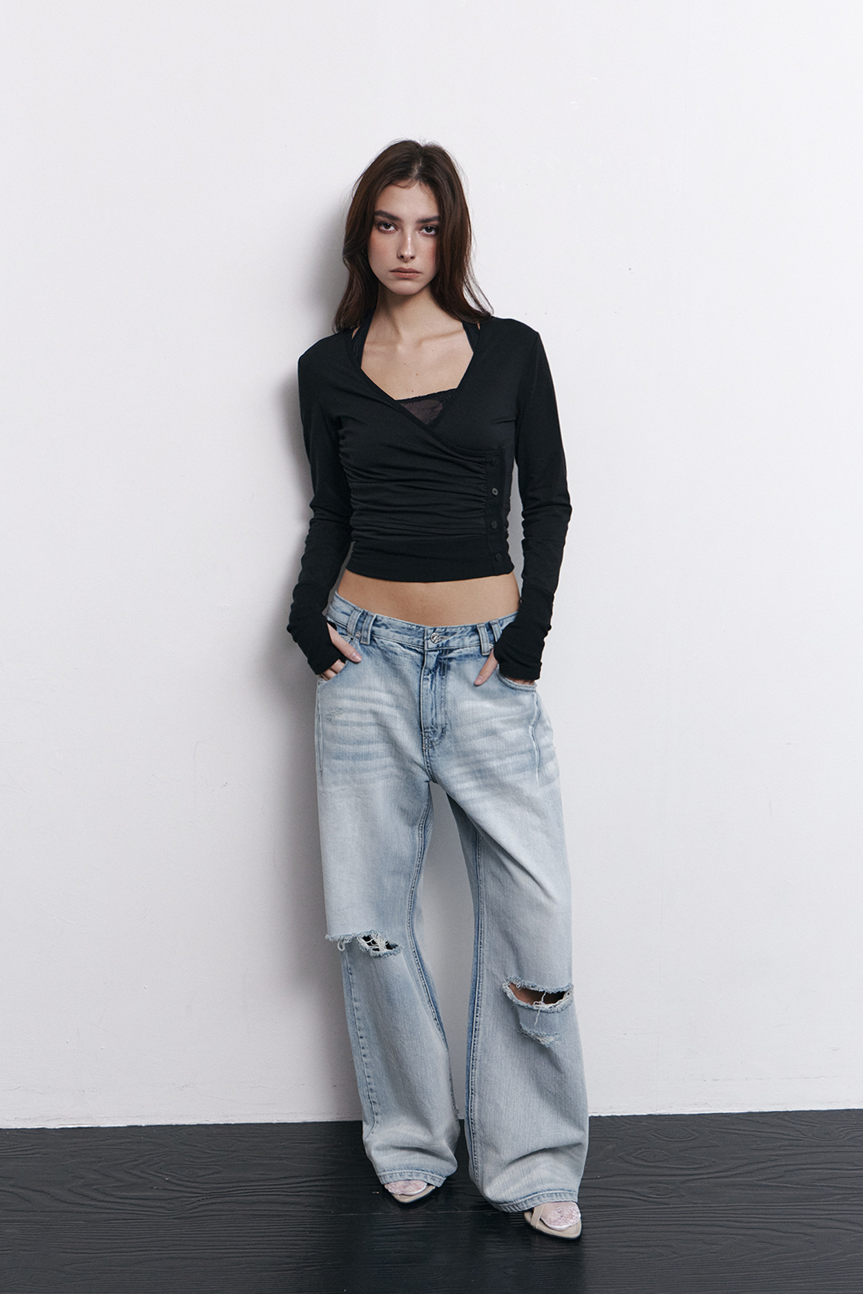 pleaseNOFOLLOW - Selena Button Wrap long sleeve Top (Black)