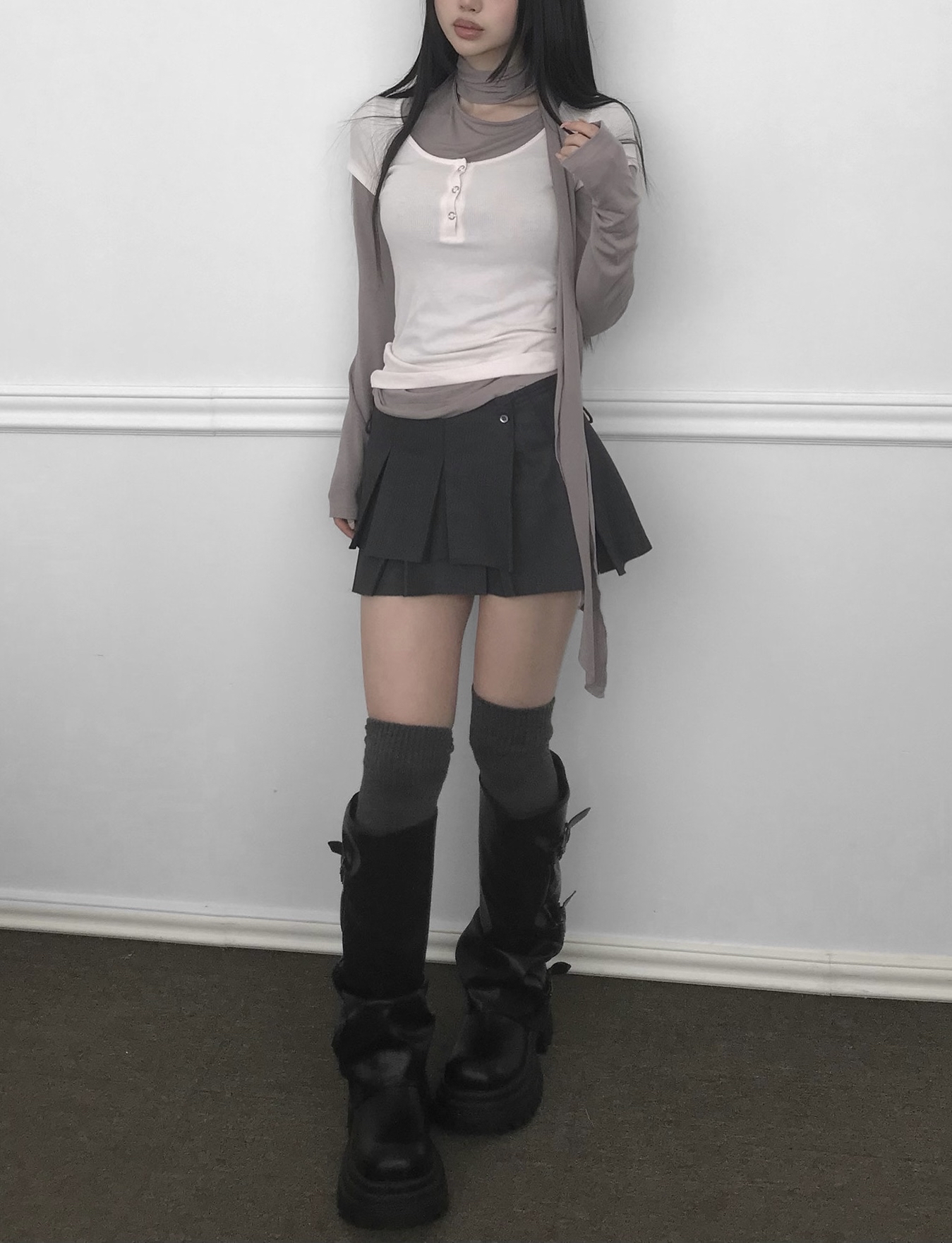 Ruched Button Long Sleeve with Scarf Tie