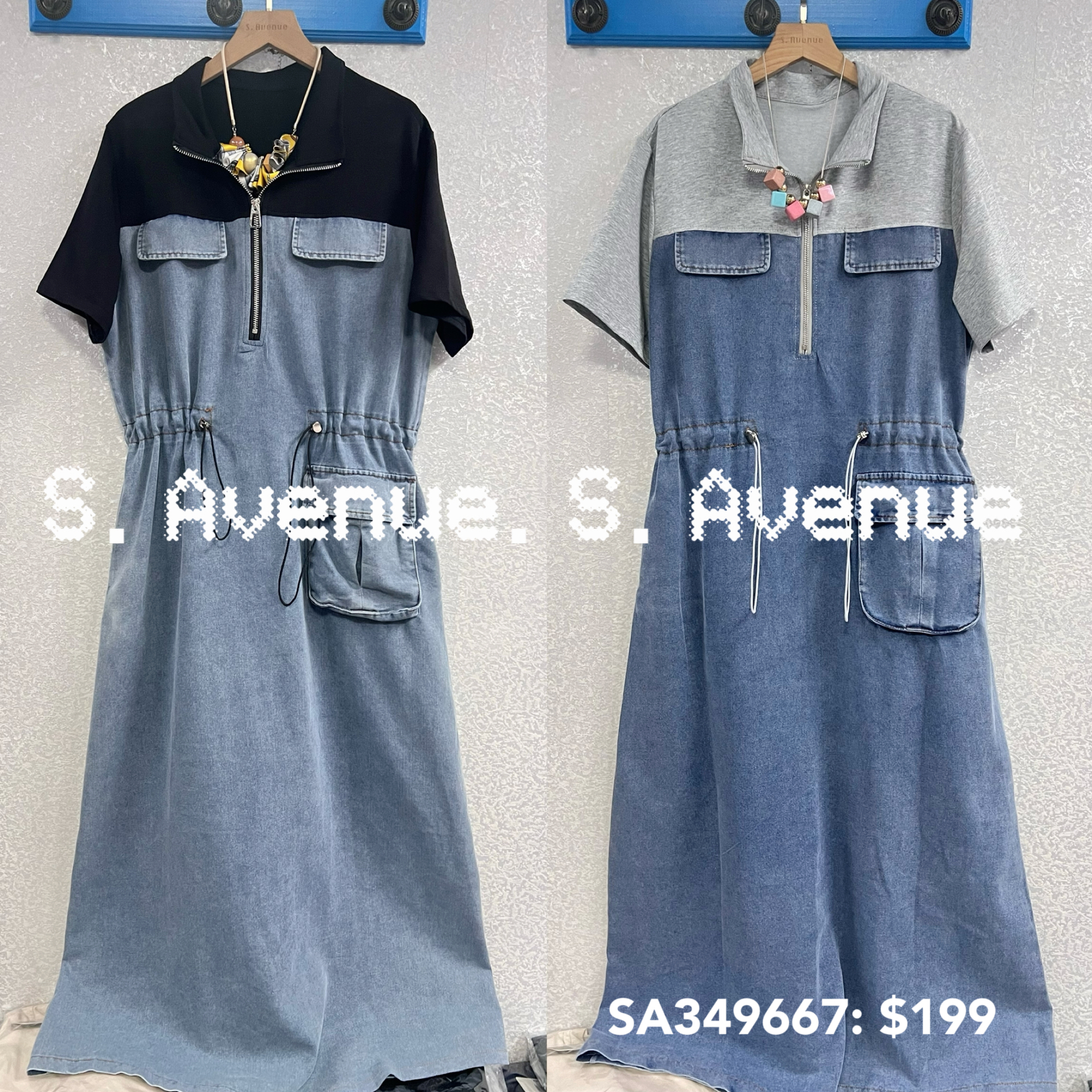 SA349667: 短袖上拉錬下牛仔長裙