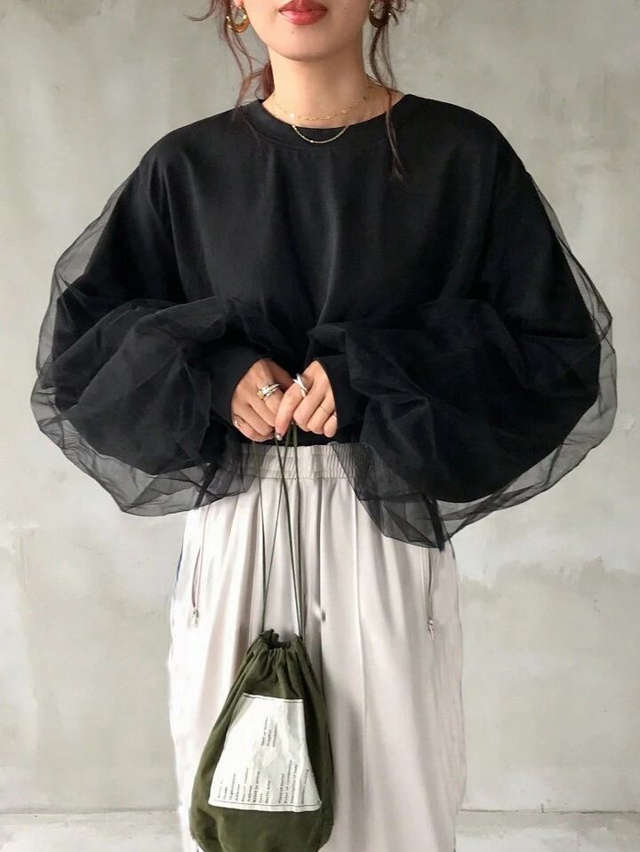 (兩色）薄紗拼接上衣