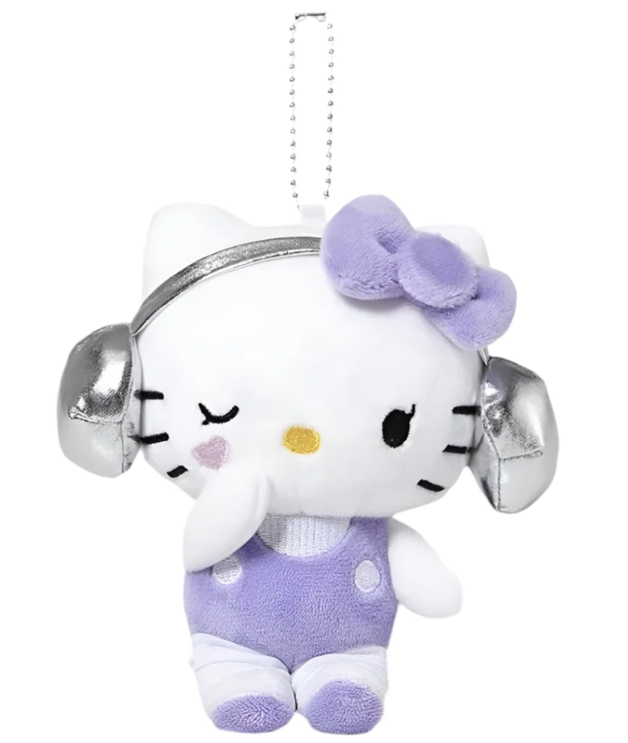 Sanrio Hello Kitty 銀色耳機紫色衫 毛公仔球鏈掛件吊飾 Avail